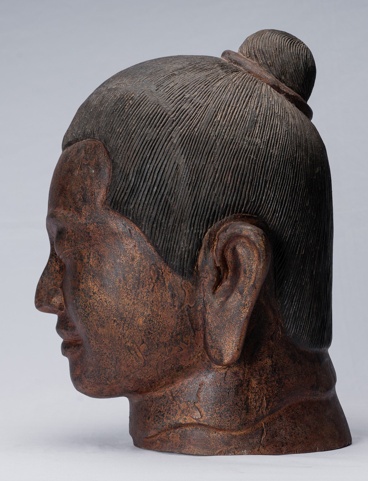 Jayavarman-Statue – antike Holzstatue im Khmer-Stil Jayavarman VII. Kopfstatue – 42 cm/17 Zoll