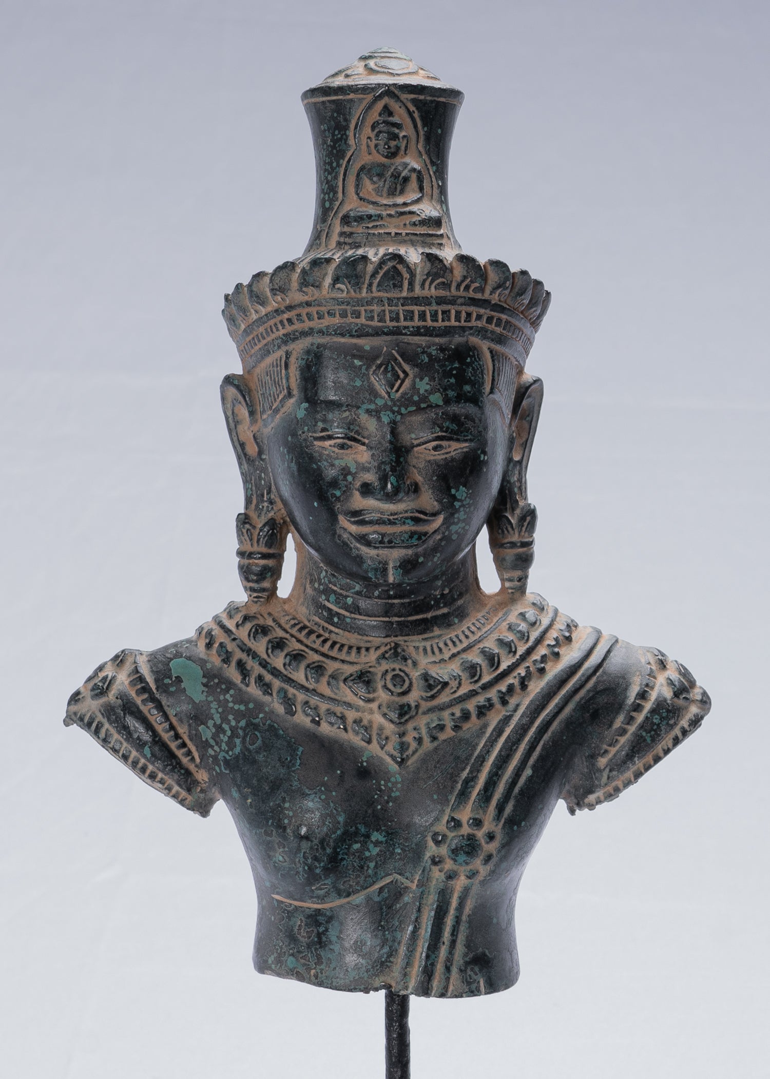 Lokeshvara Statue - Antique Khmer Style Mounted Bronze Bayon Style Lokeshvara Torso - 37cm/15"