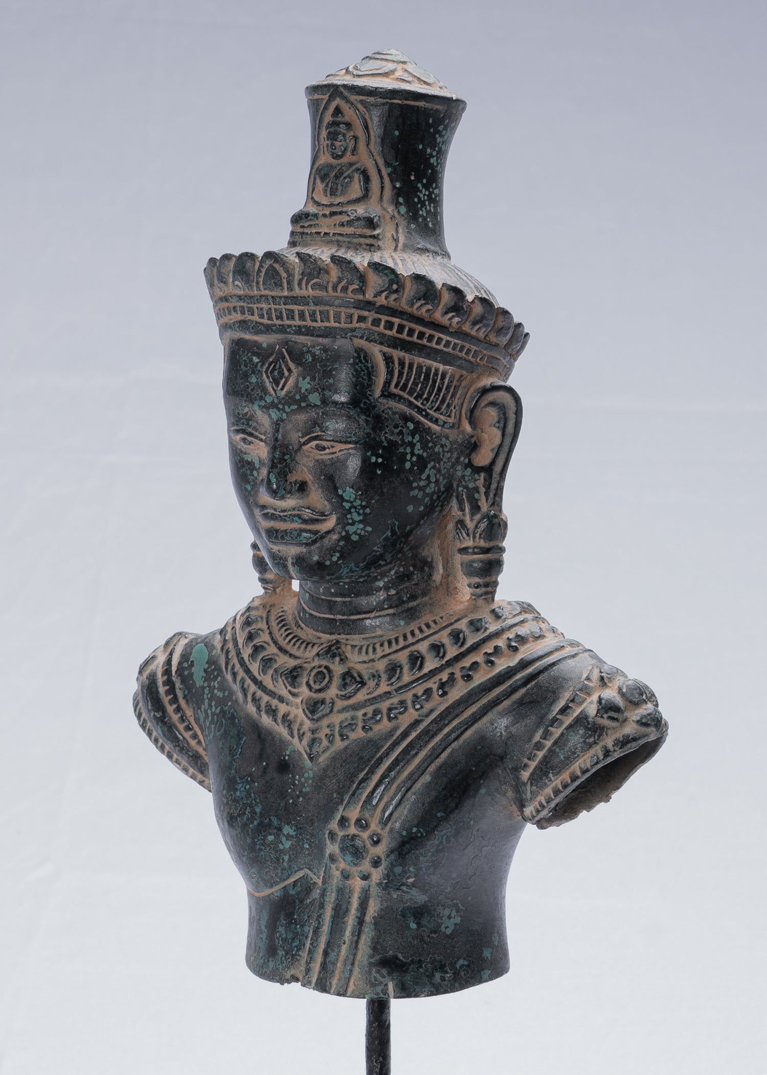 Lokeshvara Statue - Antique Khmer Style Mounted Bronze Bayon Style Lokeshvara Torso - 37cm/15"