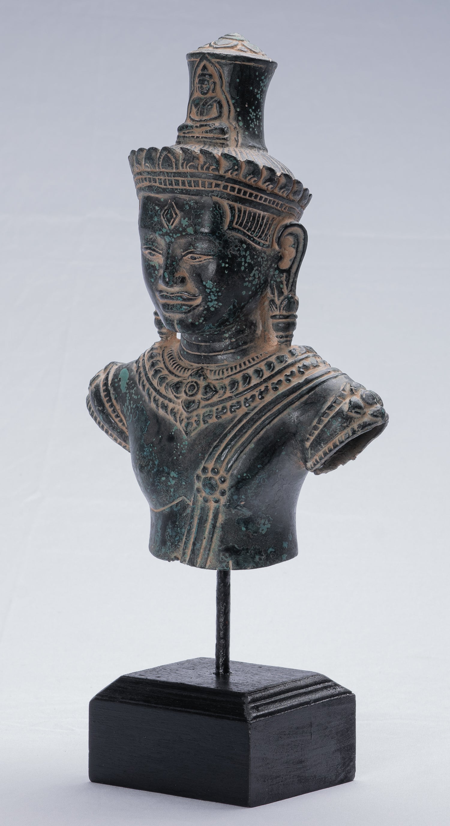 Lokeshvara Statue - Antique Khmer Style Mounted Bronze Bayon Style Lokeshvara Torso - 37cm/15"