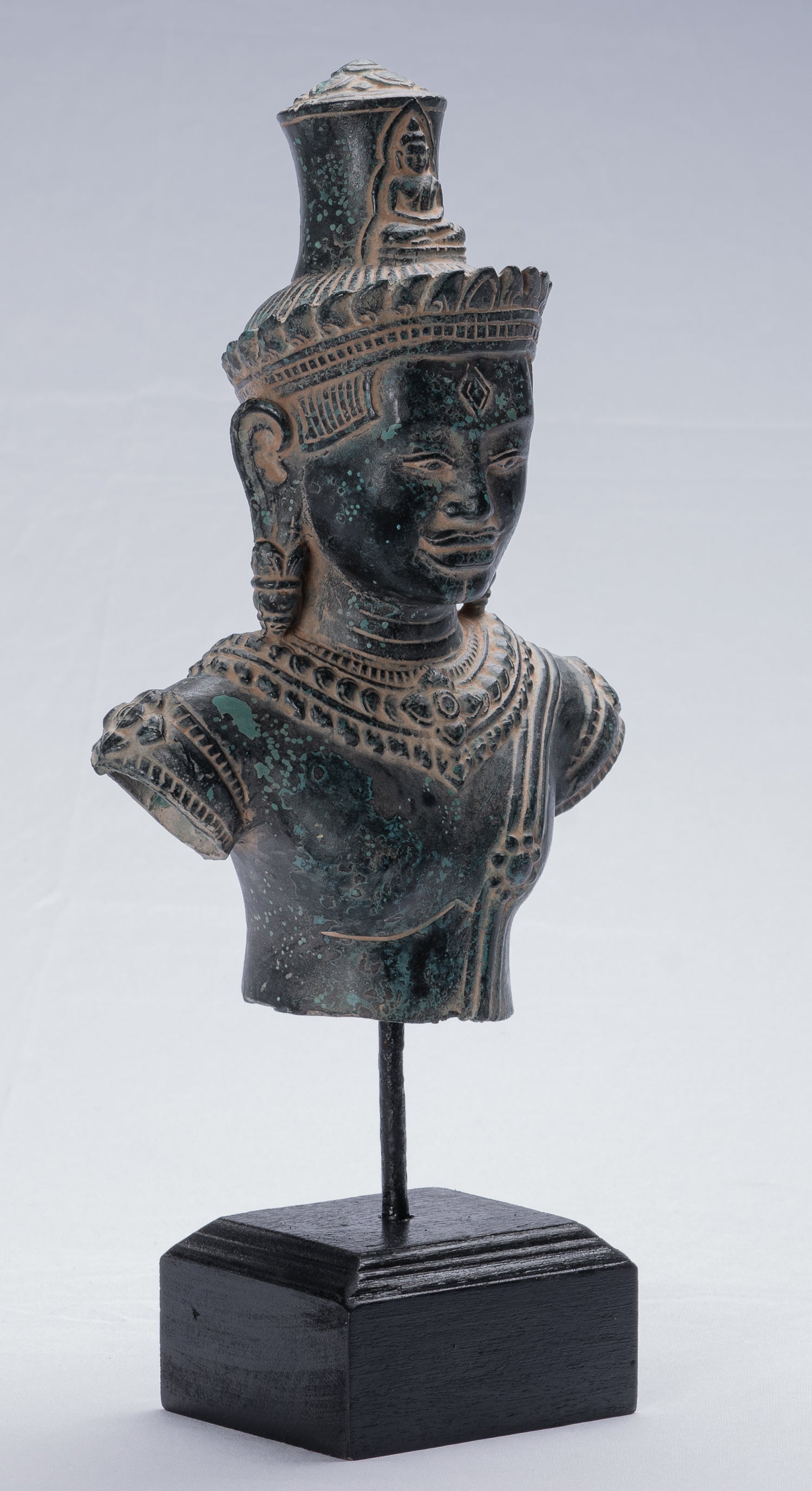 Lokeshvara Statue - Antique Khmer Style Mounted Bronze Bayon Style Lokeshvara Torso - 37cm/15"