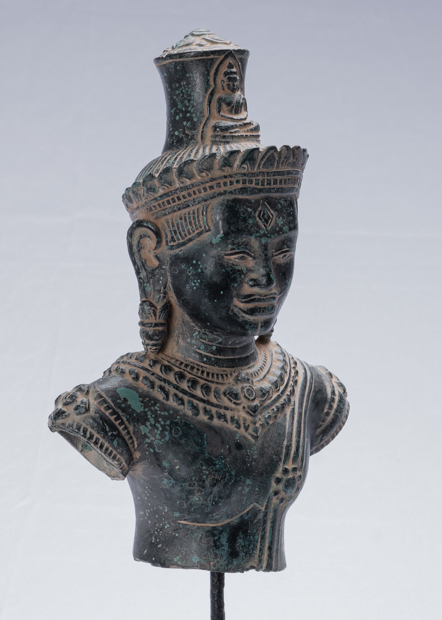 Lokeshvara Statue - Antique Khmer Style Mounted Bronze Bayon Style Lokeshvara Torso - 37cm/15"