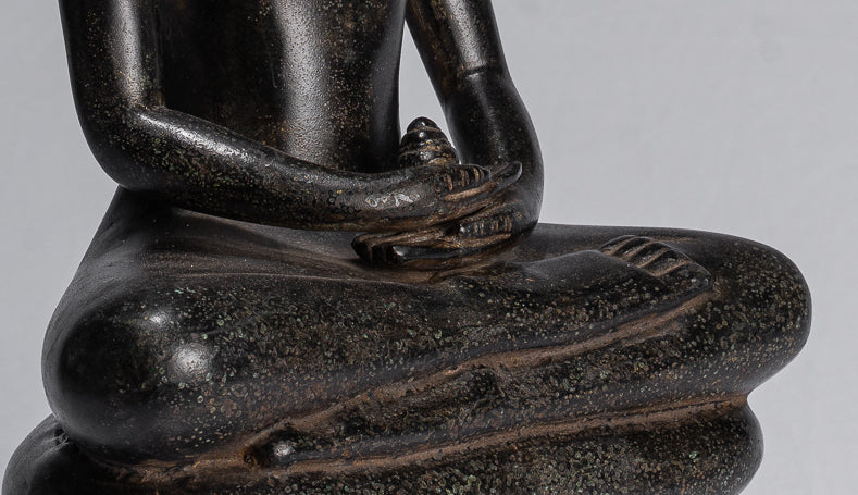 Buddha Statue - Antique Khmer Style Bronze Seated Meditation Naga Buddha Statue - 42cm/17"
