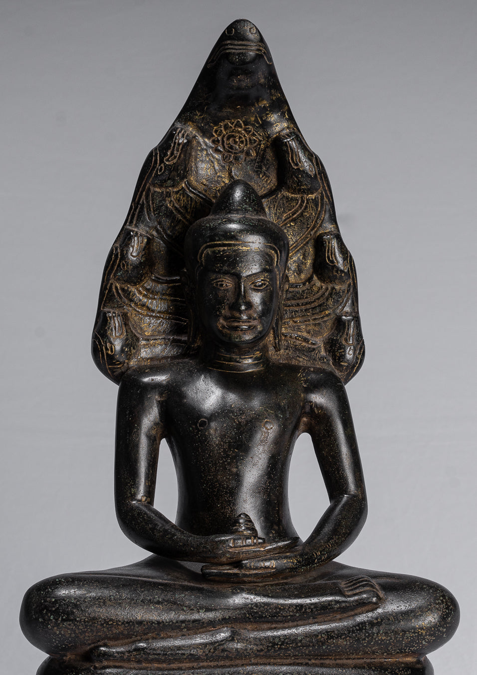 Buddha Statue - Antique Khmer Style Bronze Seated Meditation Naga Buddha Statue - 42cm/17"