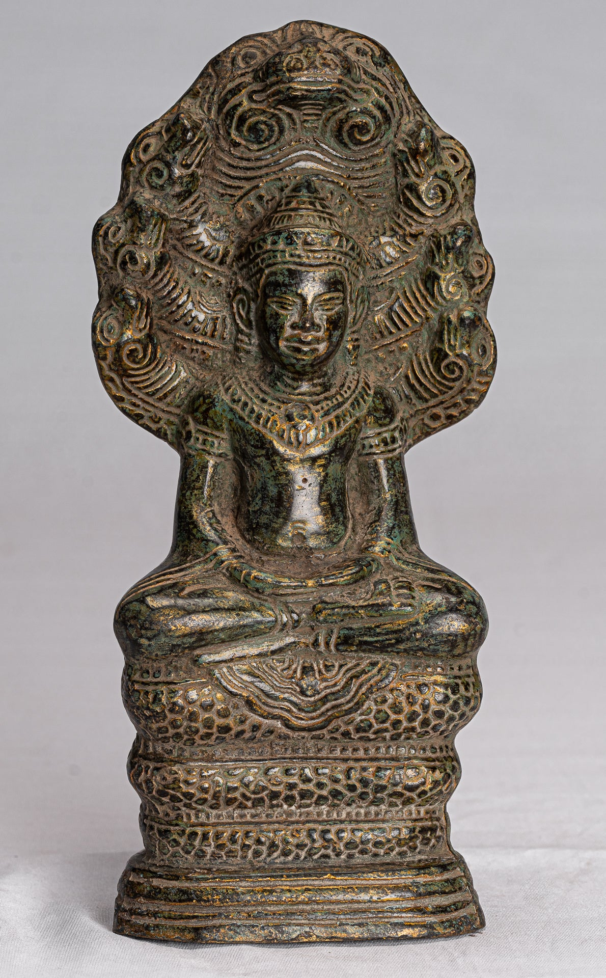 Buddha Statue - Antique Bayon Style Khmer Seated Bronze Naga Meditation Buddha - 21cm/8"