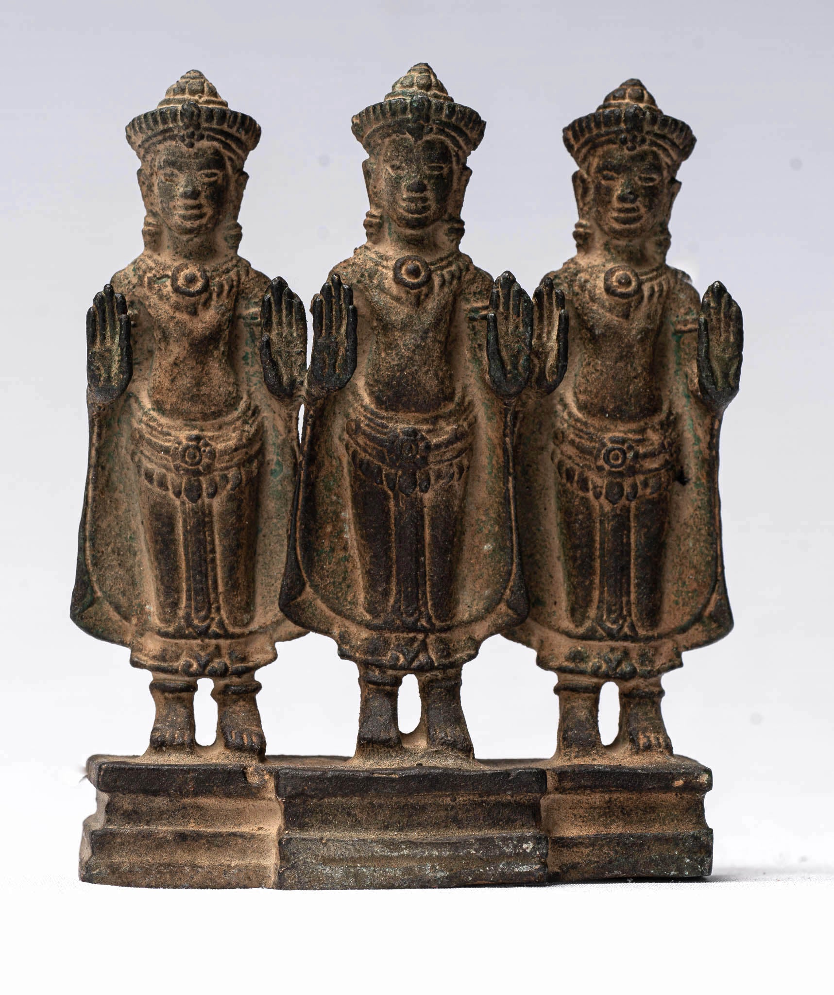 Statue de Bouddha – Triptyque de protection en bronze debout de style khmer antique – 10,5 cm