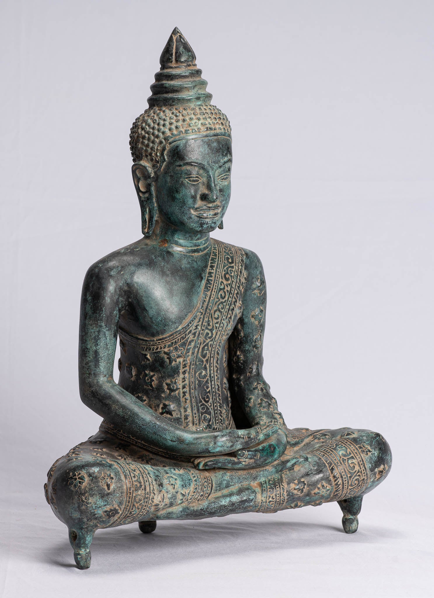 Buddha-Statue – Antiker Khmer-Stil, Bronze, sitzende Amitabha-Meditations-Buddha-Statue – 44 cm.