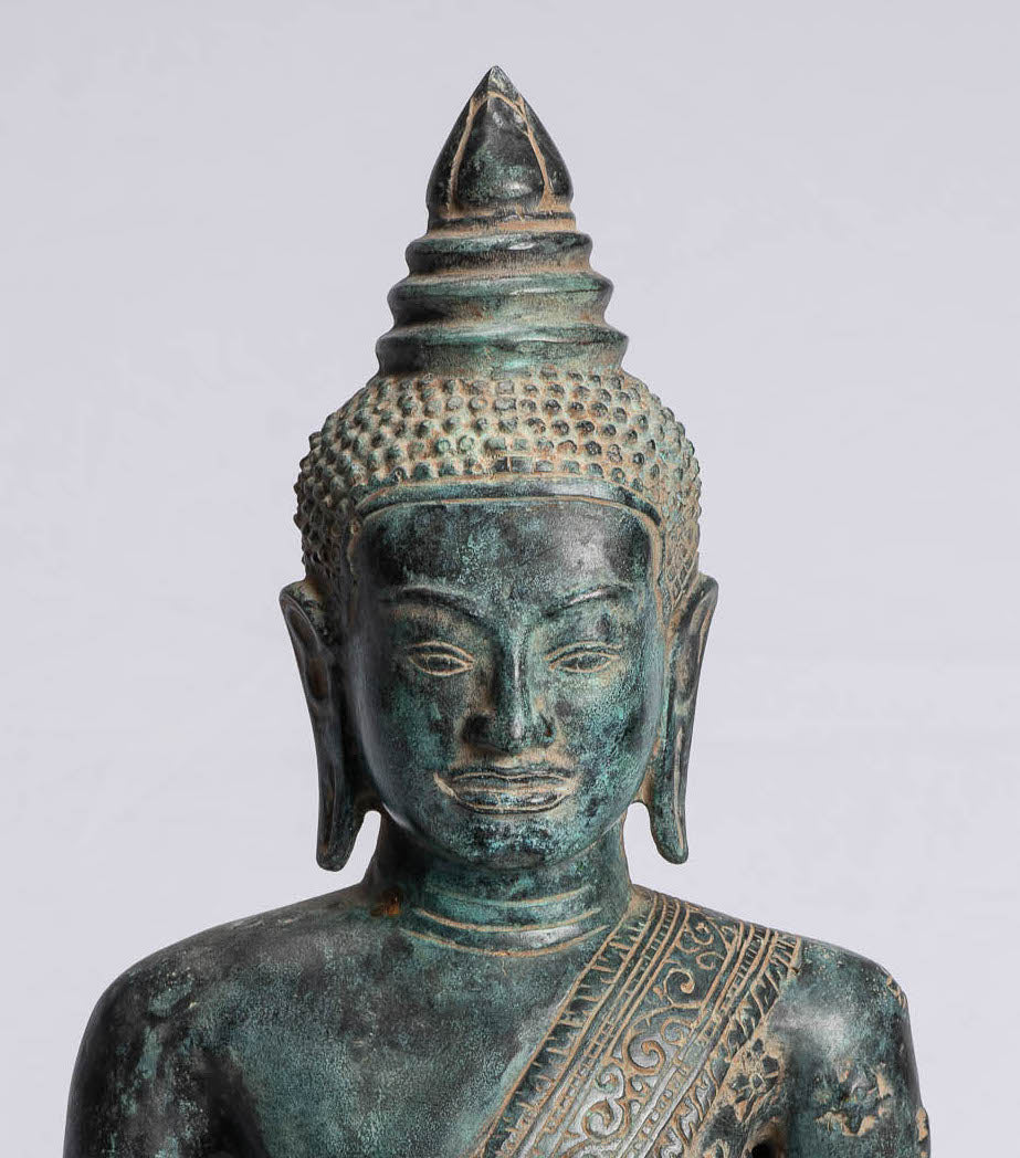 Buddha-Statue – Antiker Khmer-Stil, Bronze, sitzende Amitabha-Meditations-Buddha-Statue – 44 cm.