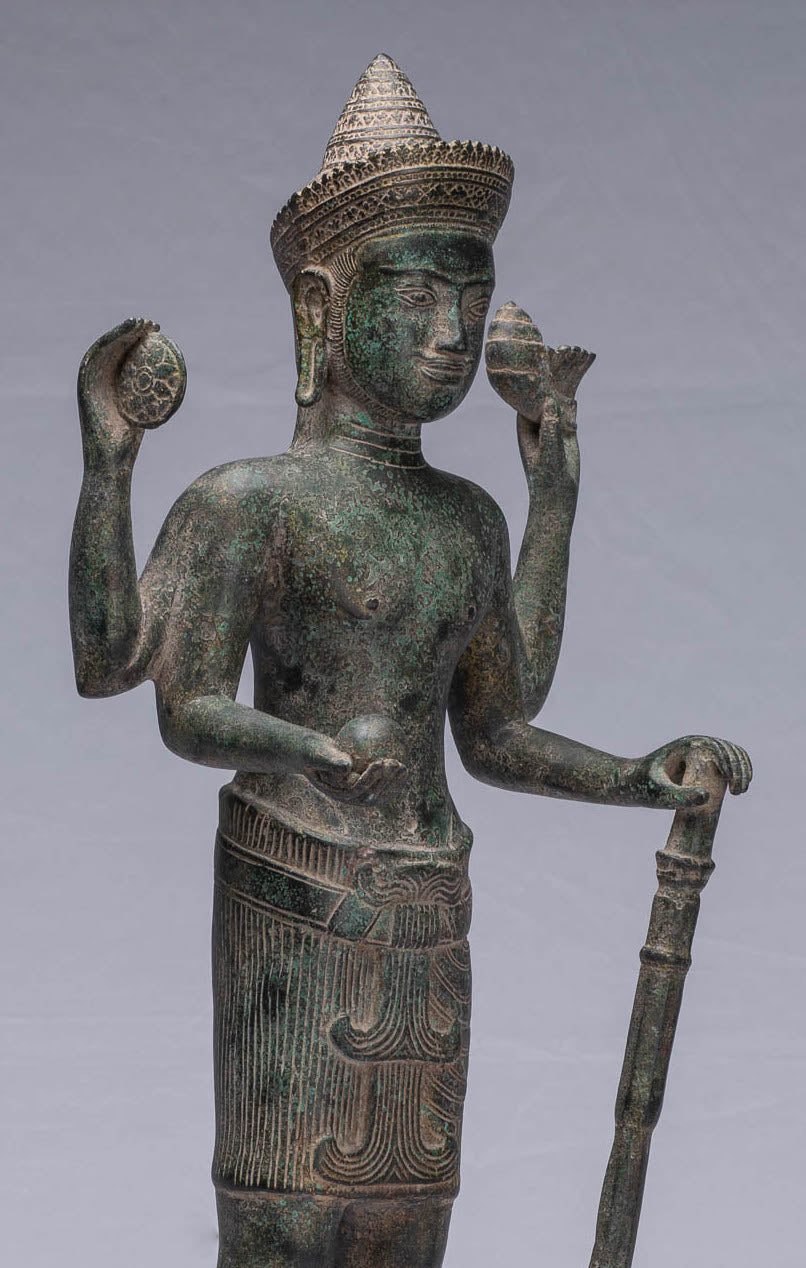 Antique Khmer Style Bronze in piedi Vishnu Statua - Protettore - 57 cm/23 "