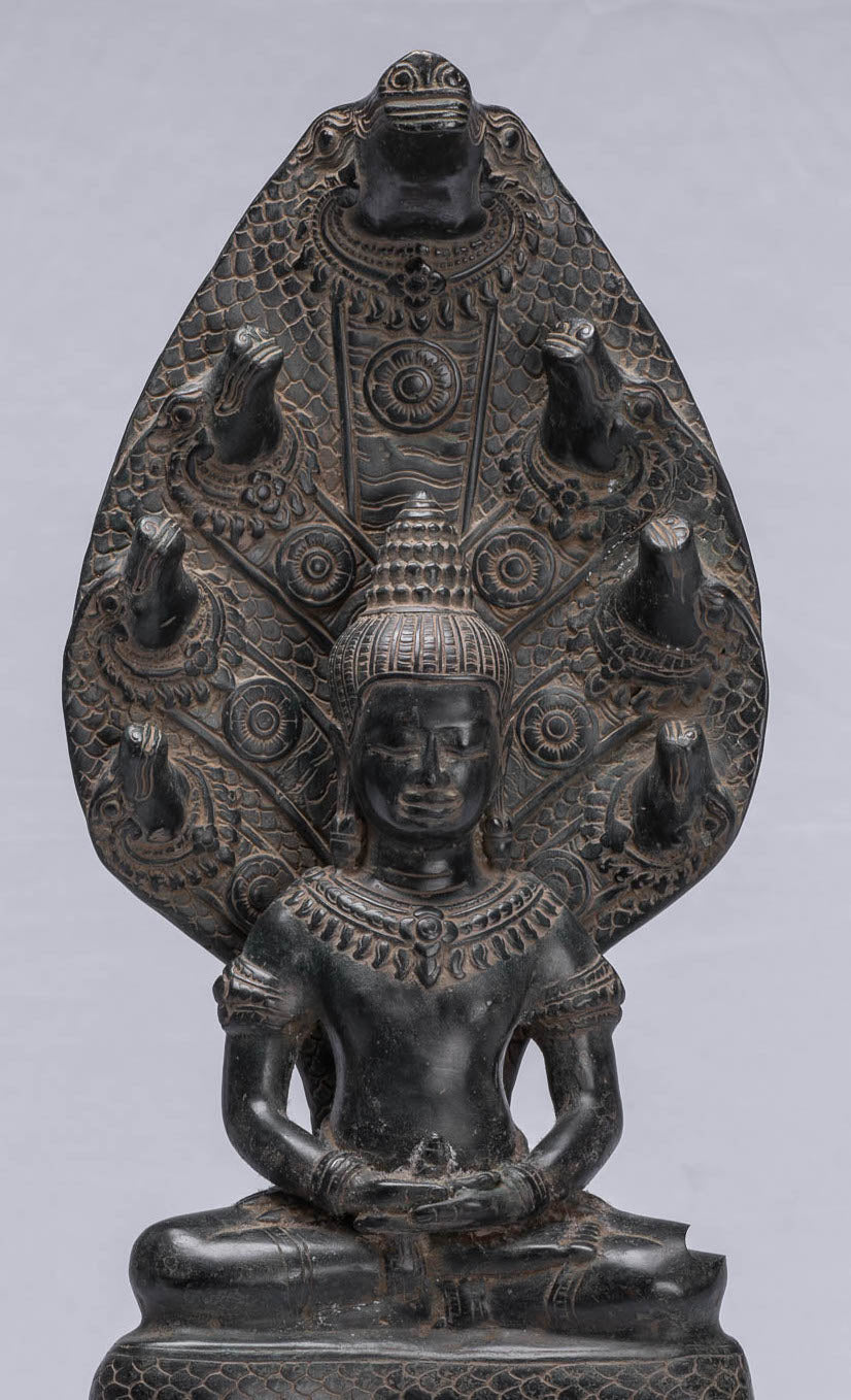Bouddha Statue-Antique Bayon Style Khmer Seated Bronze Naga Meditation Bouddha-43cm/17 "