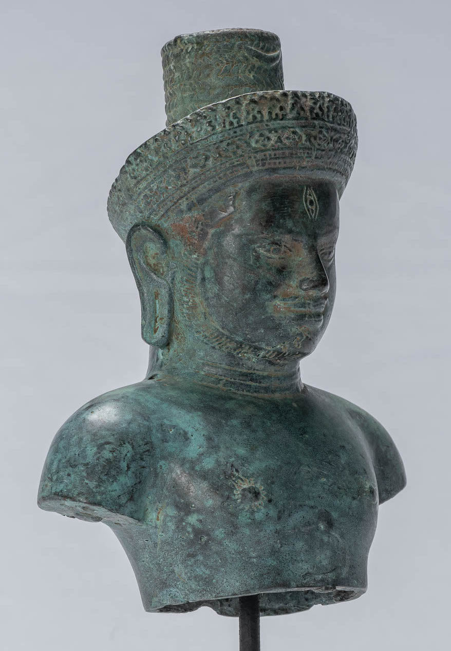 Estatua de Shiva - Estatua de Torso Montado de bronce antiguo de estilo Khmer - 27 cm/11 "