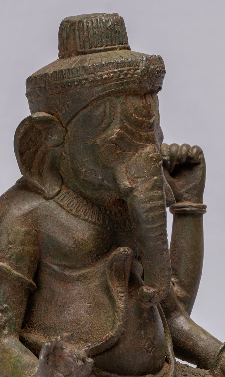 Statue de Ganesha à 4 bras vert assis en bronze de style thaïlandais antique - 31 cm/12"