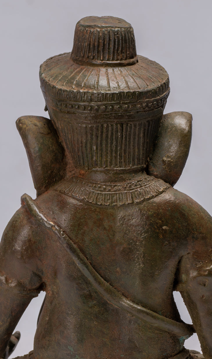 Statue de Ganesha à 4 bras vert assis en bronze de style thaïlandais antique - 31 cm/12"