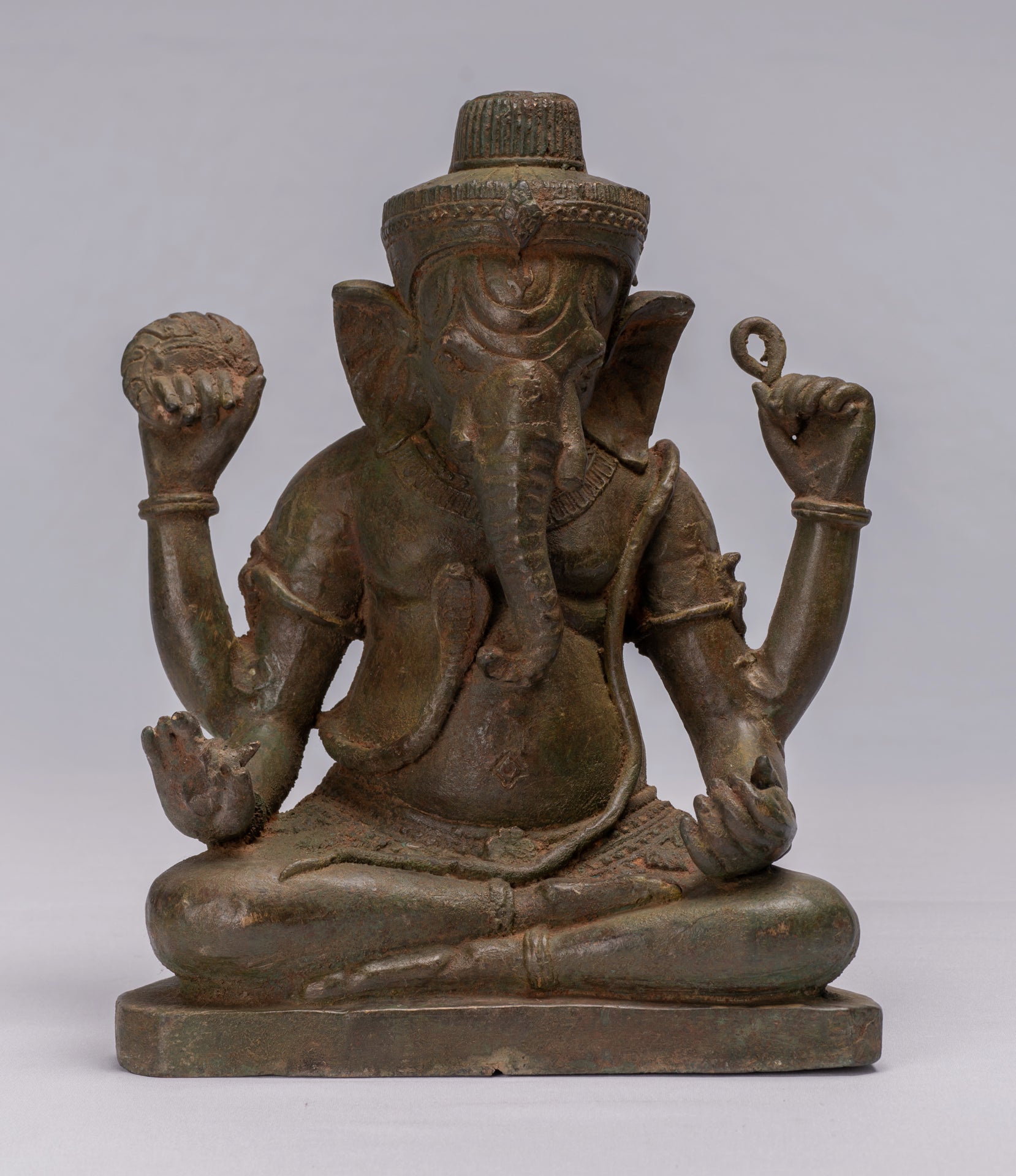 Statue de Ganesha à 4 bras vert assis en bronze de style thaïlandais antique - 31 cm/12"