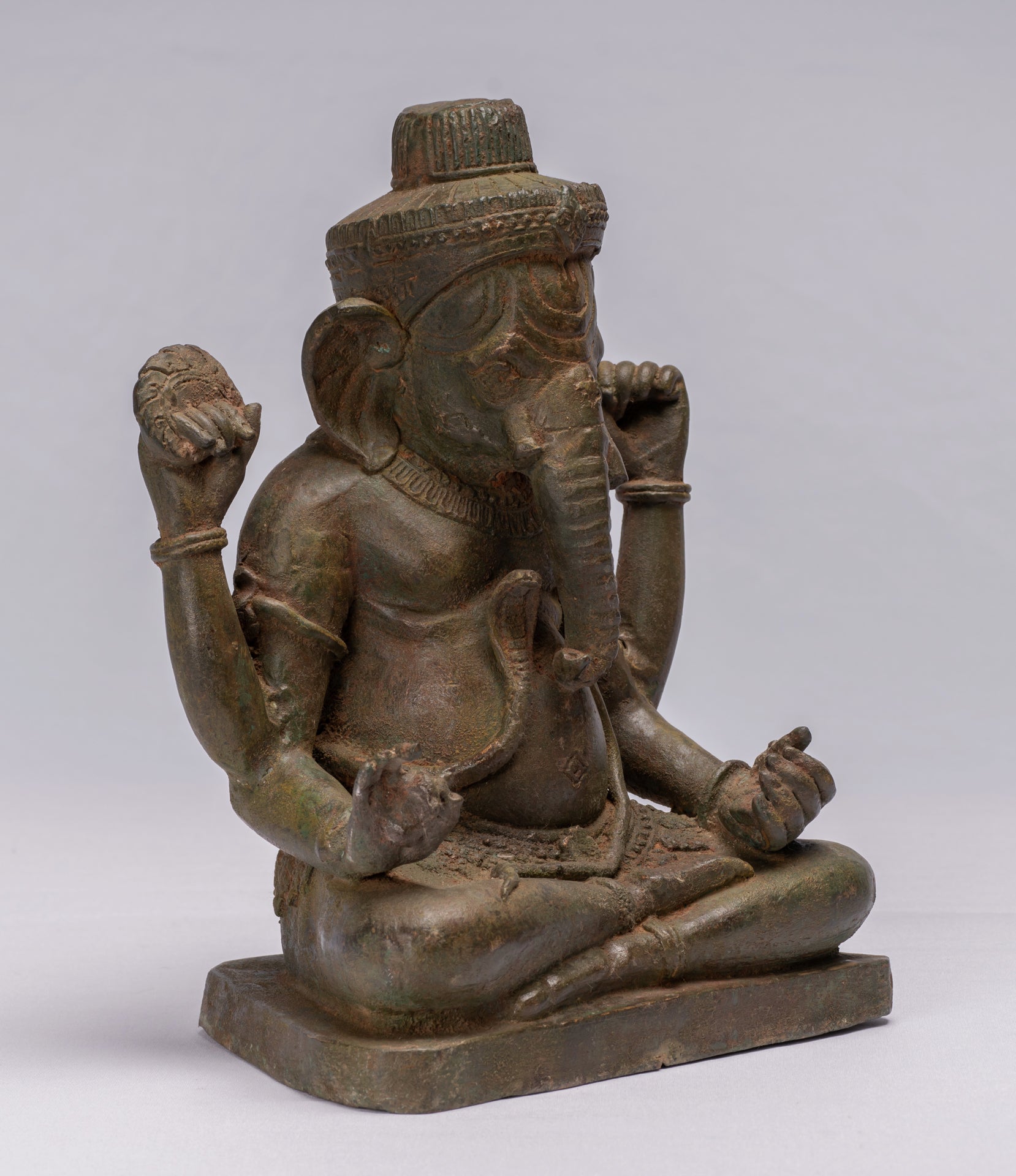 Statue de Ganesha à 4 bras vert assis en bronze de style thaïlandais antique - 31 cm/12"