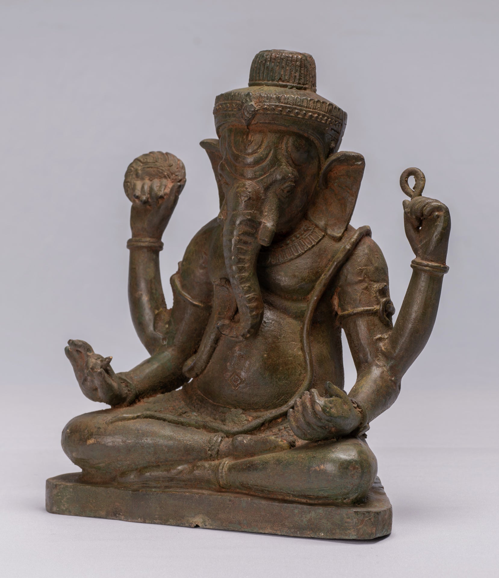 Statue de Ganesha à 4 bras vert assis en bronze de style thaïlandais antique - 31 cm/12"