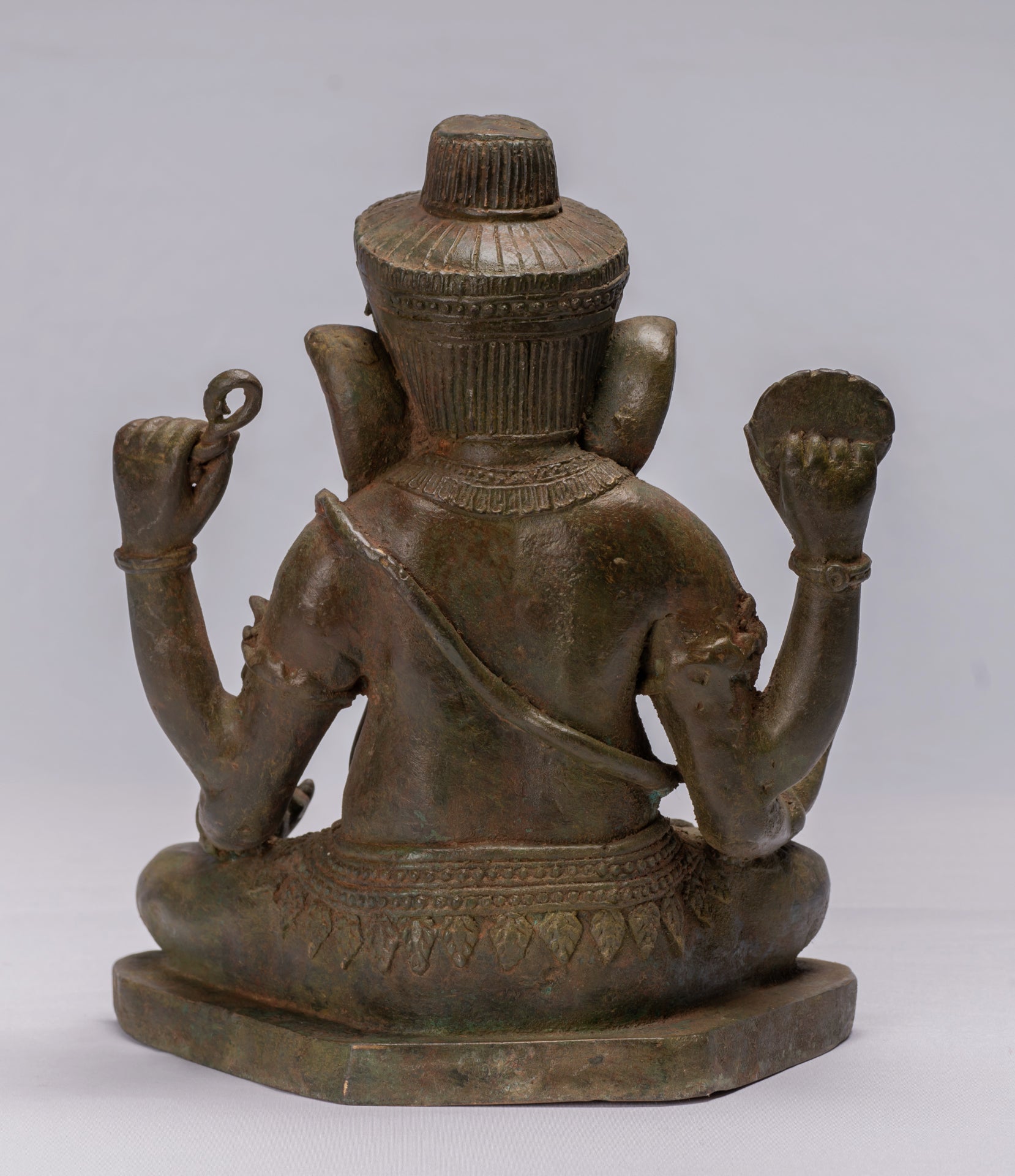 Statue de Ganesha à 4 bras vert assis en bronze de style thaïlandais antique - 31 cm/12"