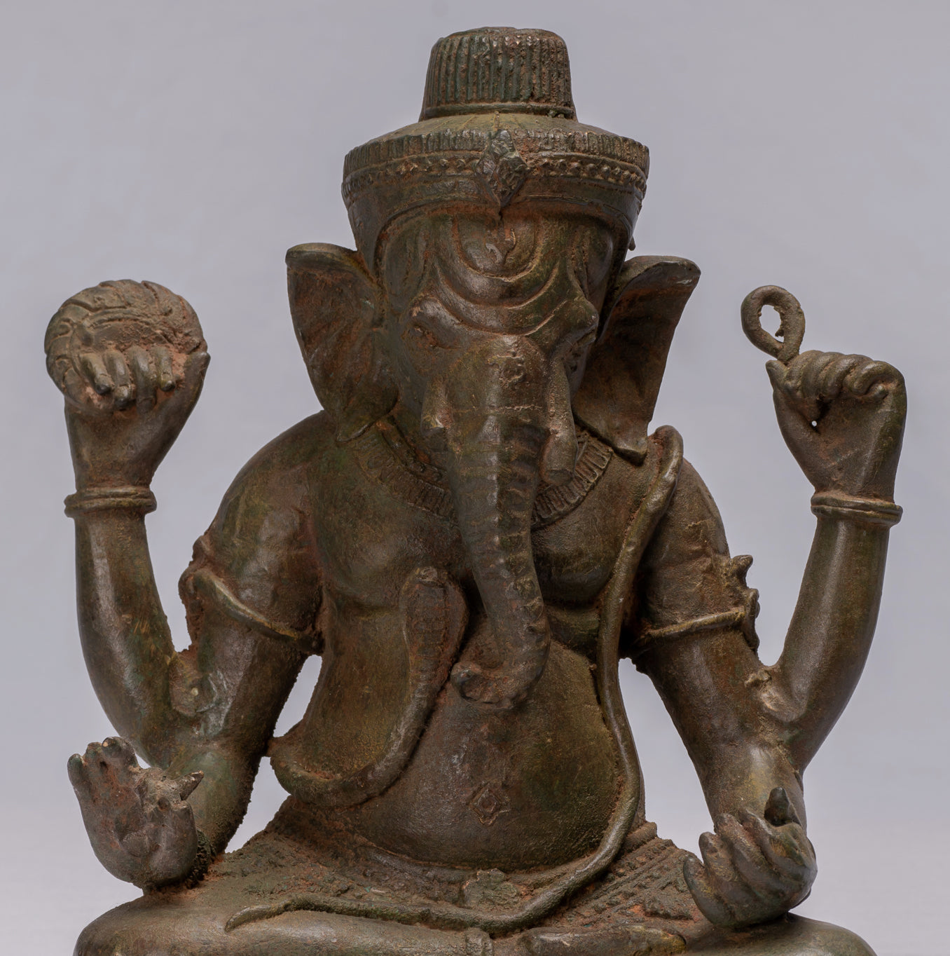 Statue de Ganesha à 4 bras vert assis en bronze de style thaïlandais antique - 31 cm/12"