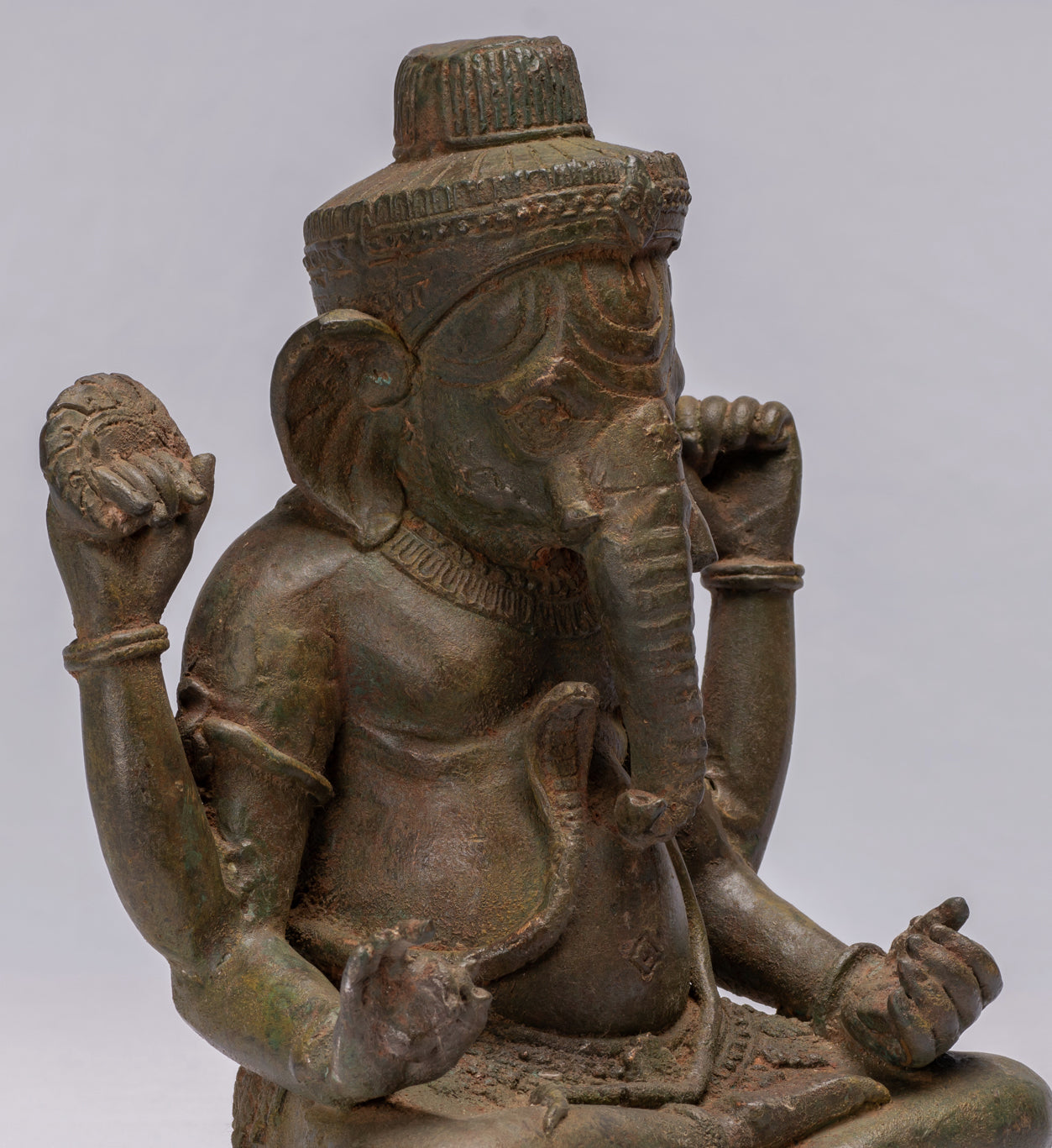 Statue de Ganesha à 4 bras vert assis en bronze de style thaïlandais antique - 31 cm/12"