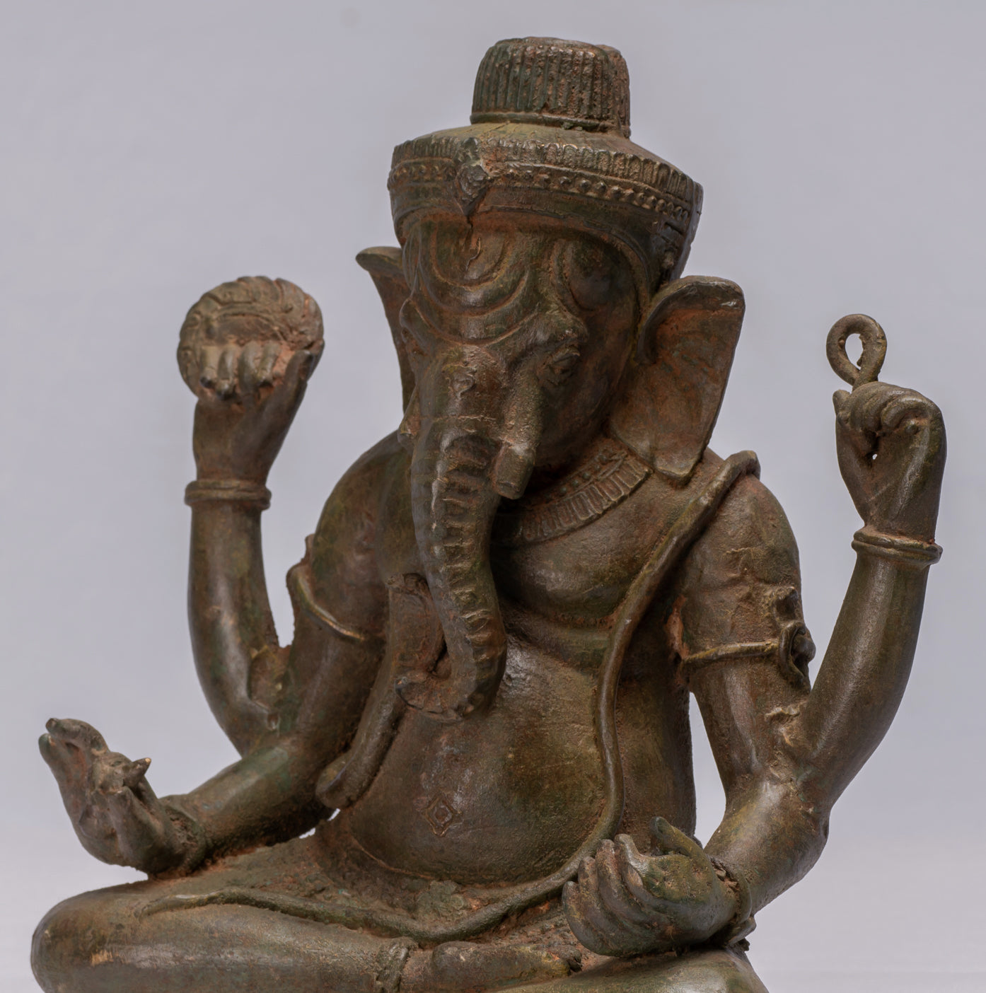 Statue de Ganesha à 4 bras vert assis en bronze de style thaïlandais antique - 31 cm/12"