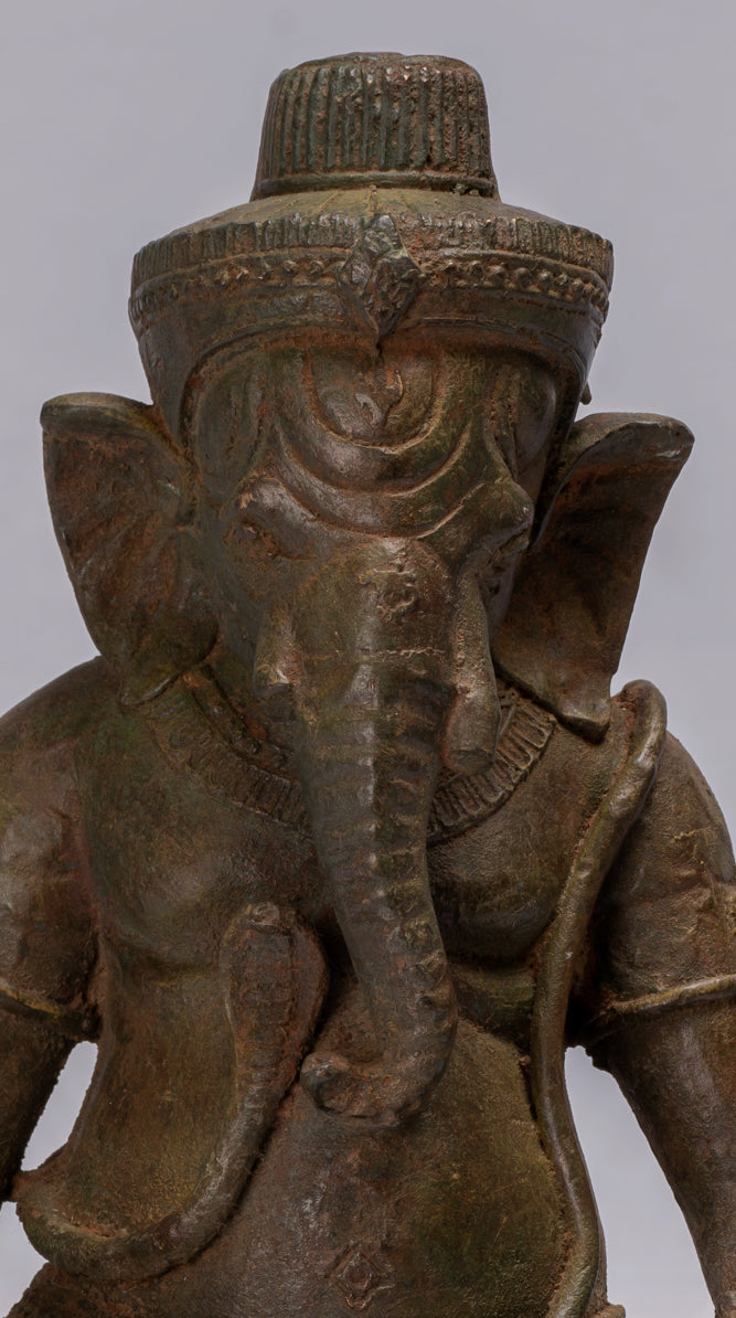 Statue de Ganesha à 4 bras vert assis en bronze de style thaïlandais antique - 31 cm/12"