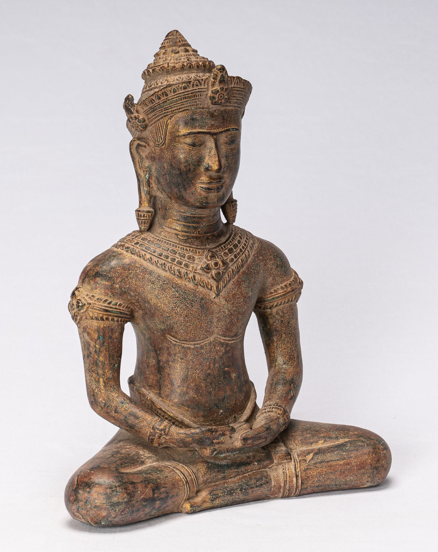Buddha Statue - Antique Khmer Style Bronze Seated Meditation Angkor Buddha Statue -13.5cm/5"