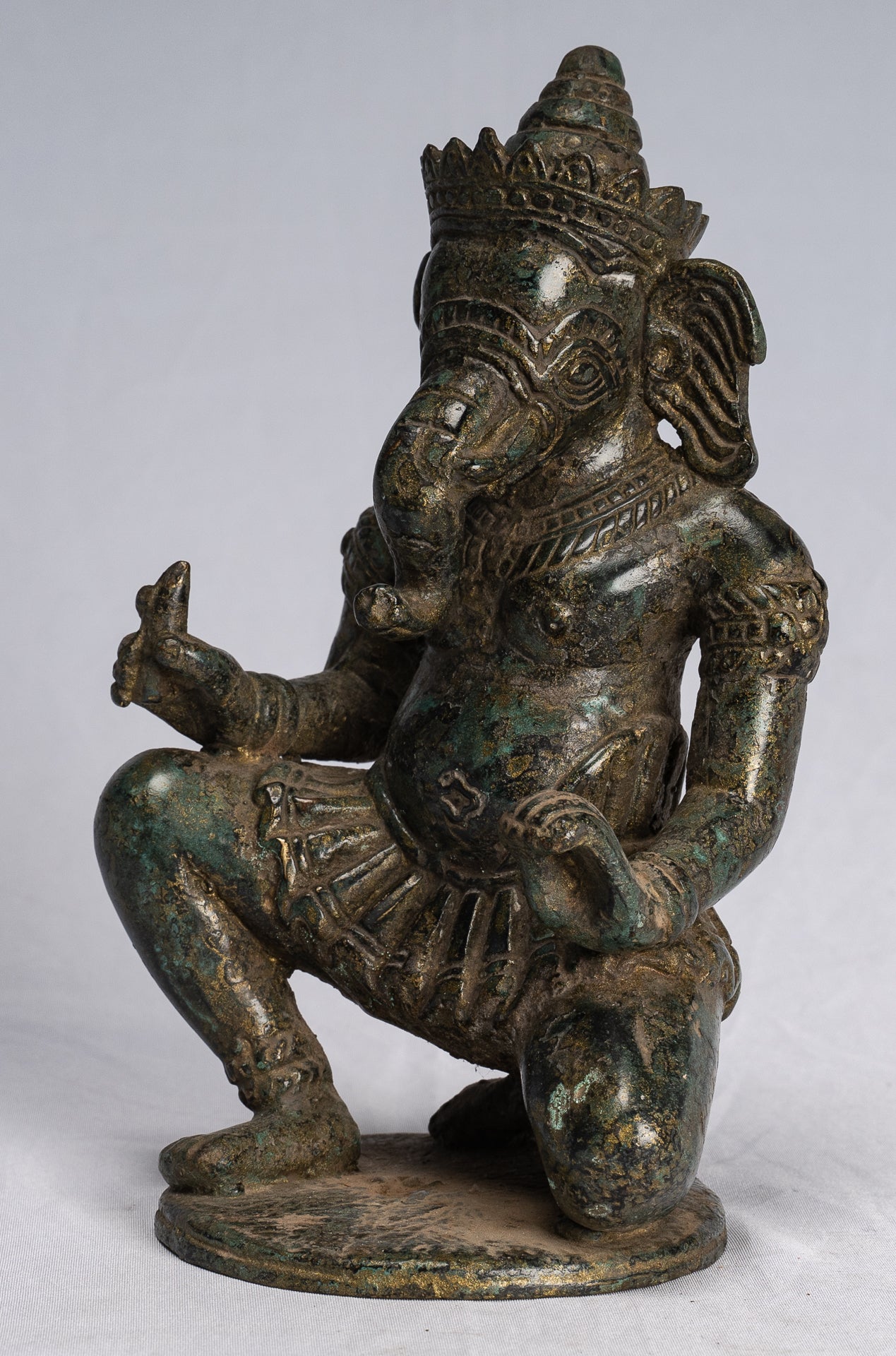 Ganesha Statue - Antique Thai Style Bronze Kneeling Ganesh Statue - 18cm/7"