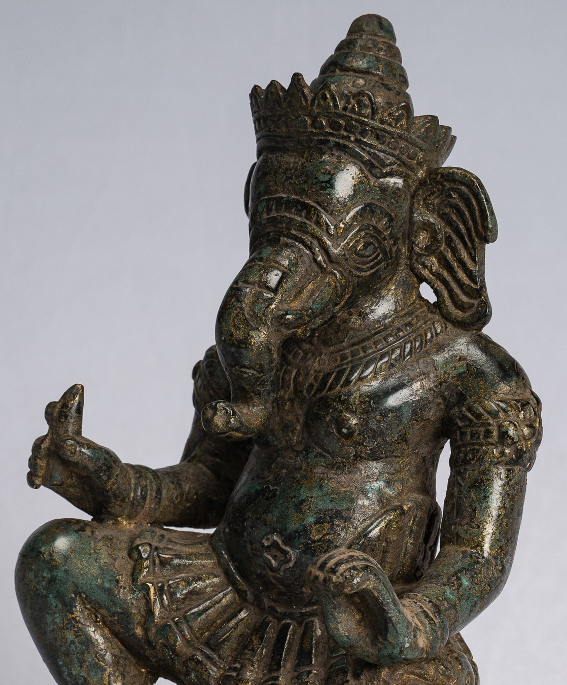 Ganesha Statue - Antique Thai Style Bronze Kneeling Ganesh Statue - 18cm/7"