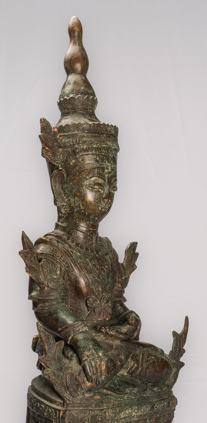 Antique Burmese Style Bronze Shan Enlightenment Seated Buddha Statue - 102cm/41"