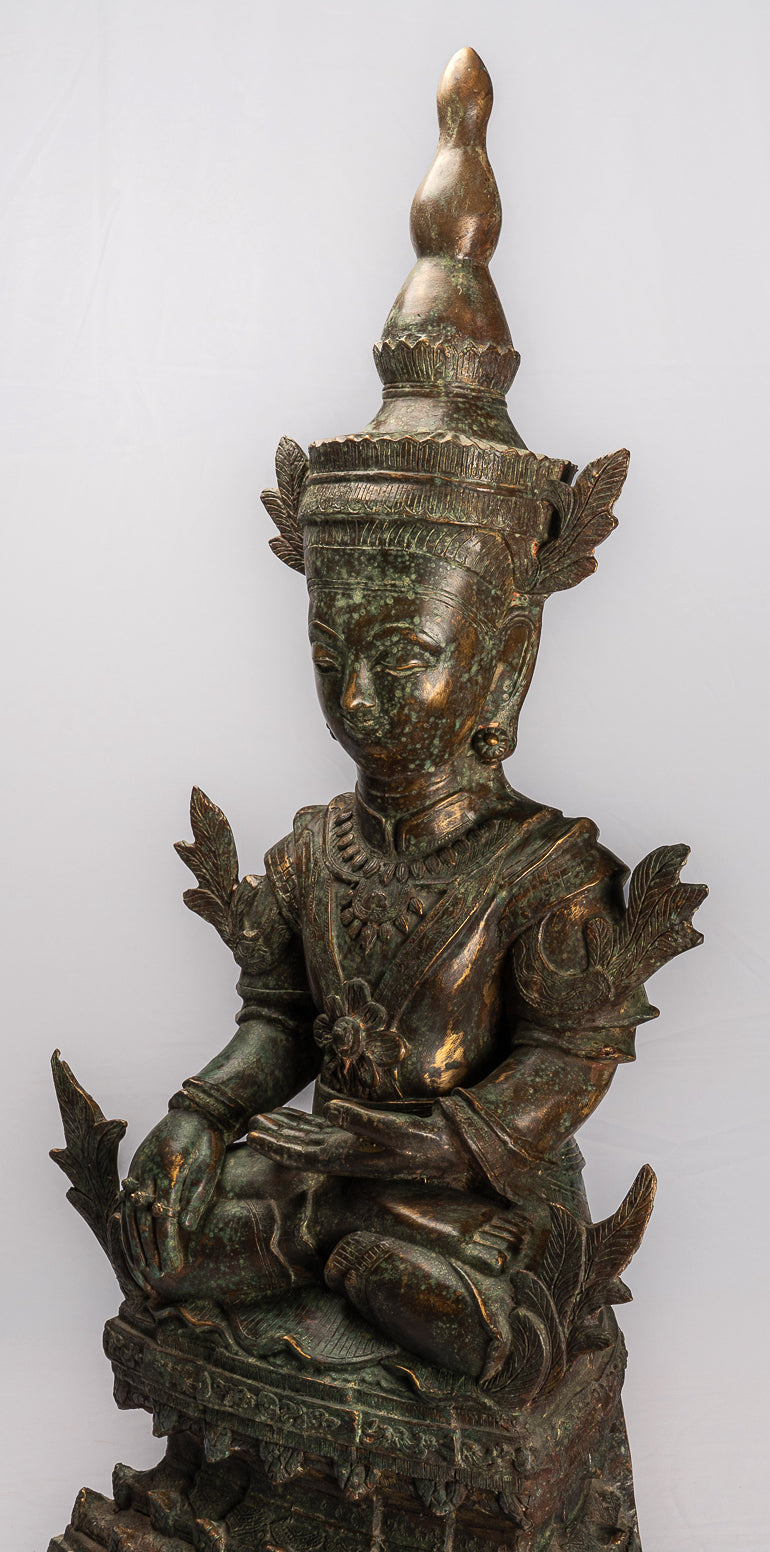 Antique Burmese Style Bronze Shan Enlightenment Seated Buddha Statue - 102cm/41"