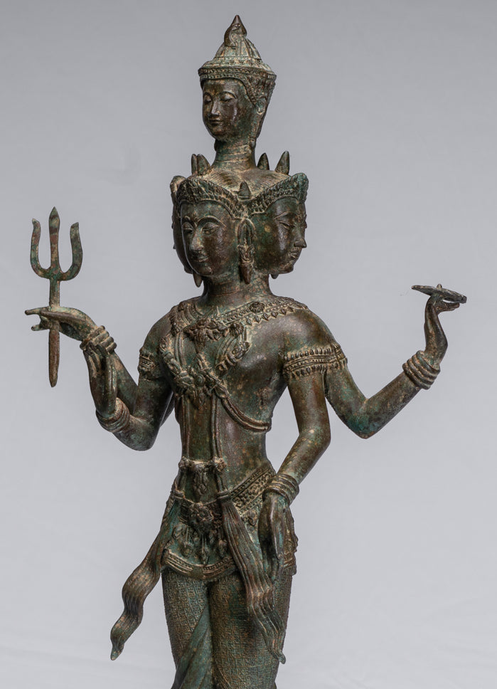 Trimurti Statue - Antique Thai Style Trimurti Shiva Brahma Vishnu Statue - 84cm/34"