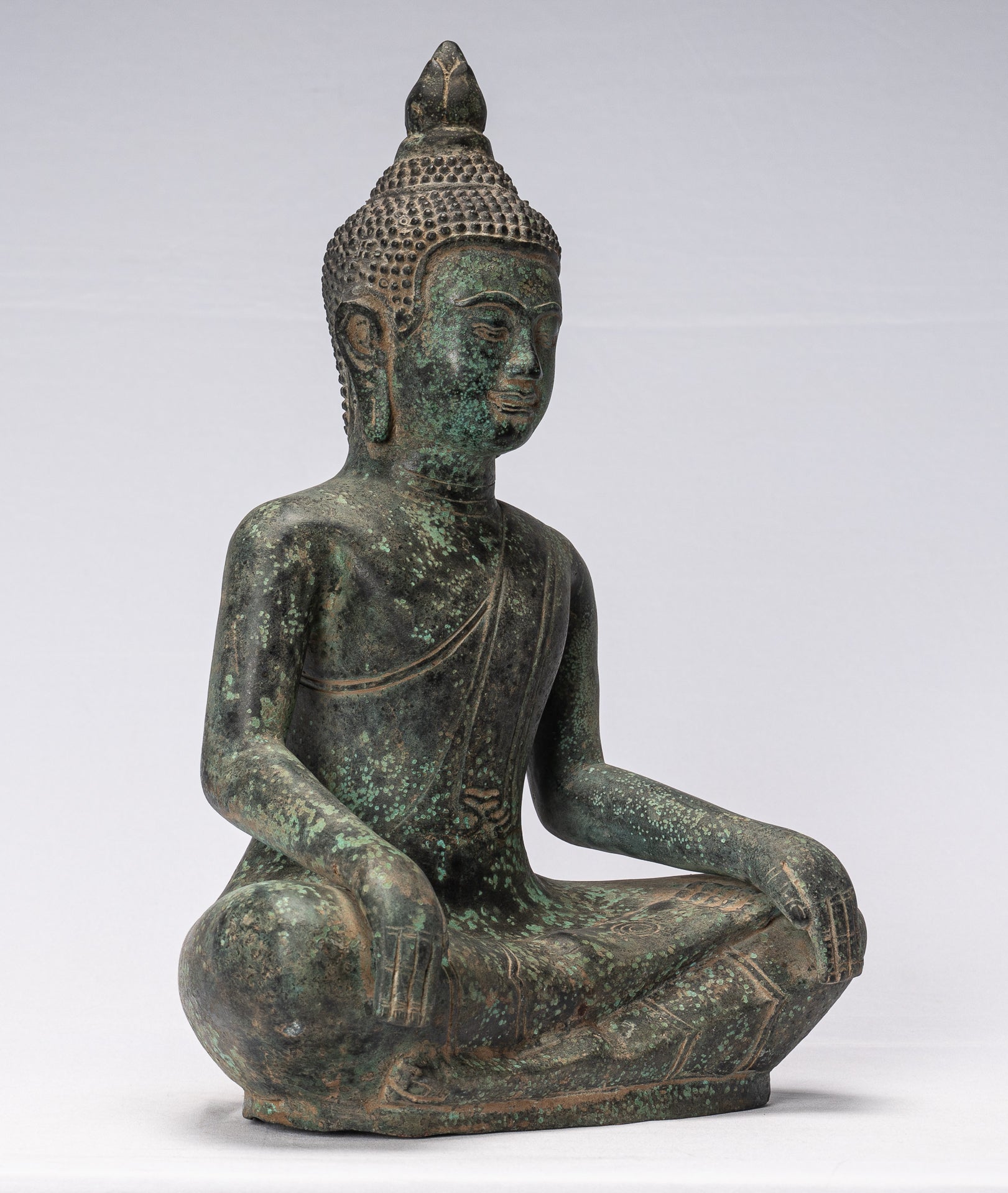 Statue de Bouddha – Statue de Bouddha antique en bronze de style khmer à double illumination – 39 cm