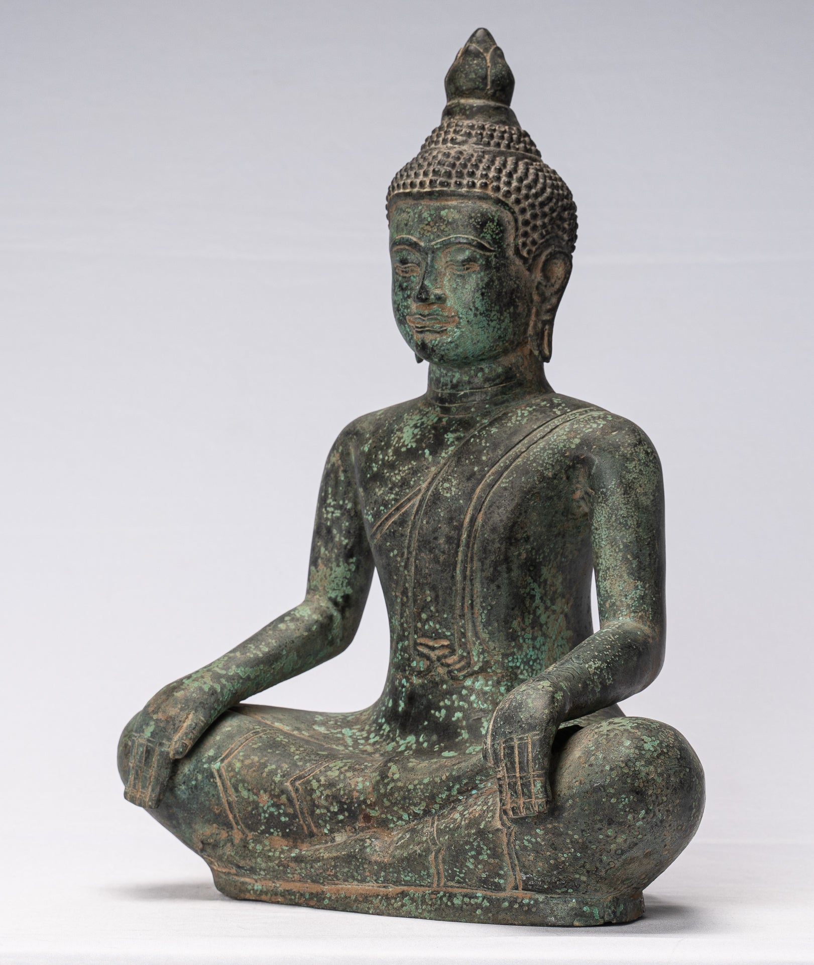 Statue de Bouddha – Statue de Bouddha antique en bronze de style khmer à double illumination – 39 cm