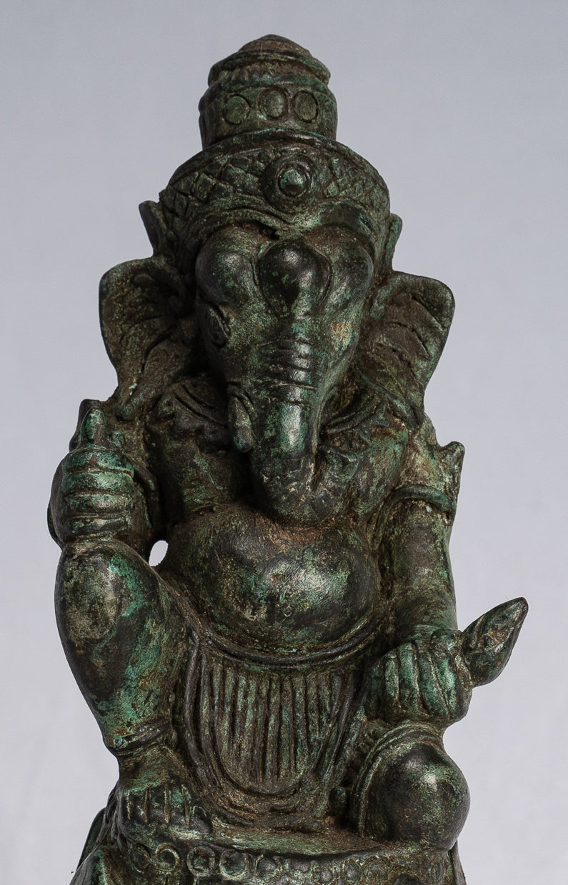 Ganesha Statue - Antique Khmer Style Kneeling Bronze Bayon Ganesh Statue - 17cm/7"