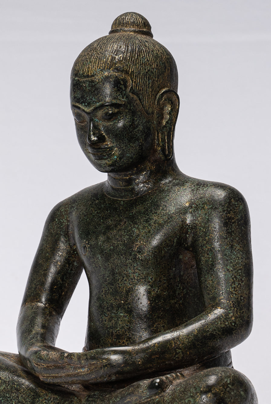 Antique Khmer Style Seated Bronze Meditation Jayavarman VII Statue - 30cm/12"