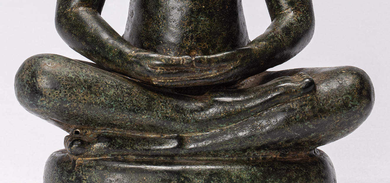 Antique Khmer Style Seated Bronze Meditation Jayavarman VII Statue - 30cm/12"
