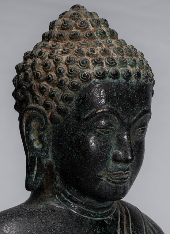 Buddha Statue - Antique Thai Style Seated Bronze Dvaravati Meditation Buddha Statue - 34cm/14"