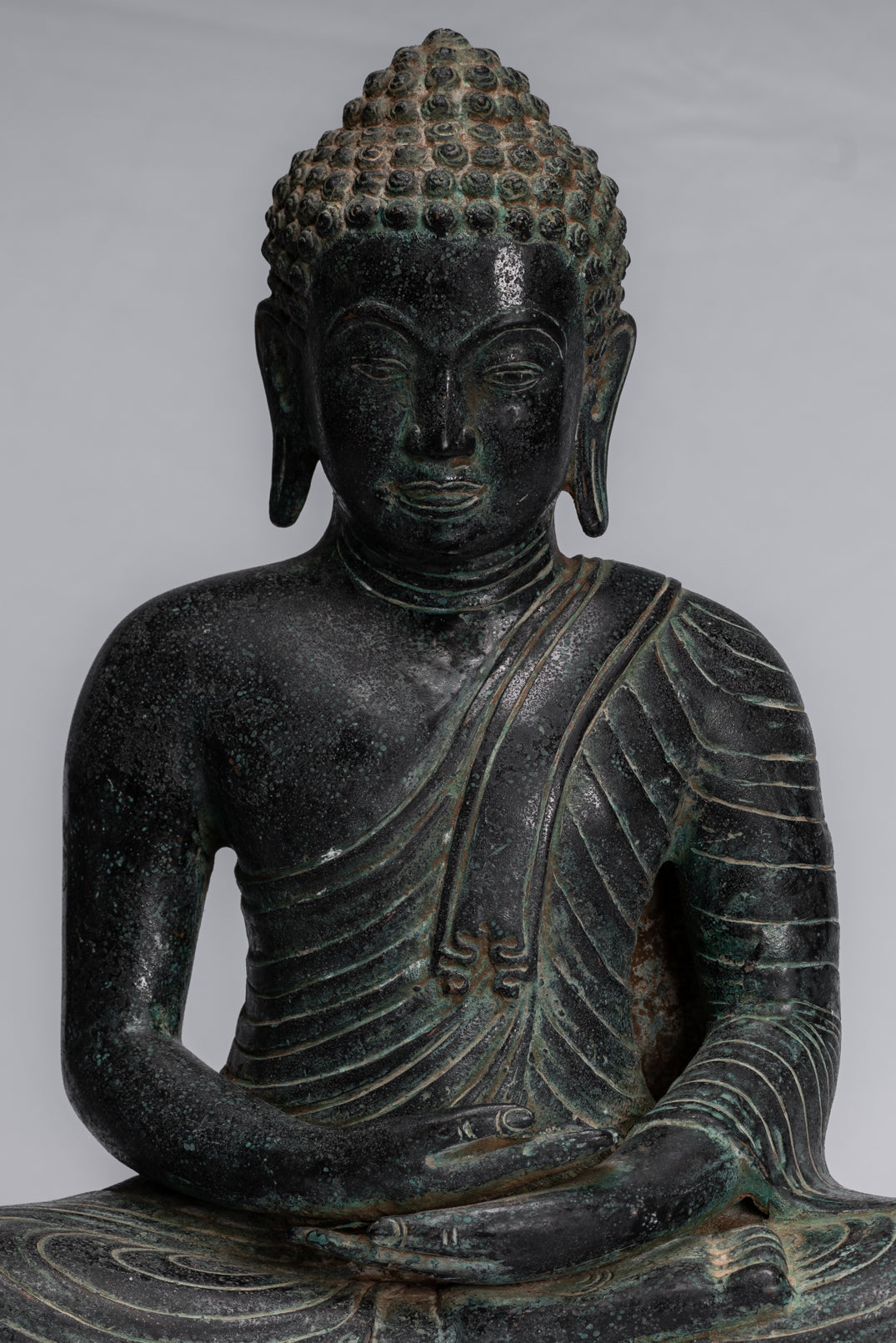 Buddha Statue - Antique Thai Style Seated Bronze Dvaravati Meditation Buddha Statue - 34cm/14"