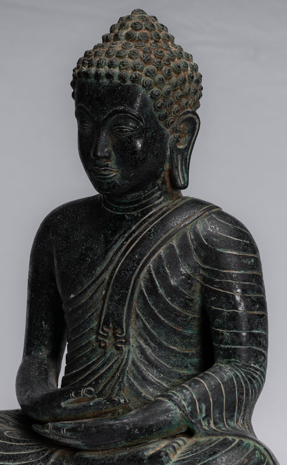 Buddha Statue - Antique Thai Style Seated Bronze Dvaravati Meditation Buddha Statue - 34cm/14"