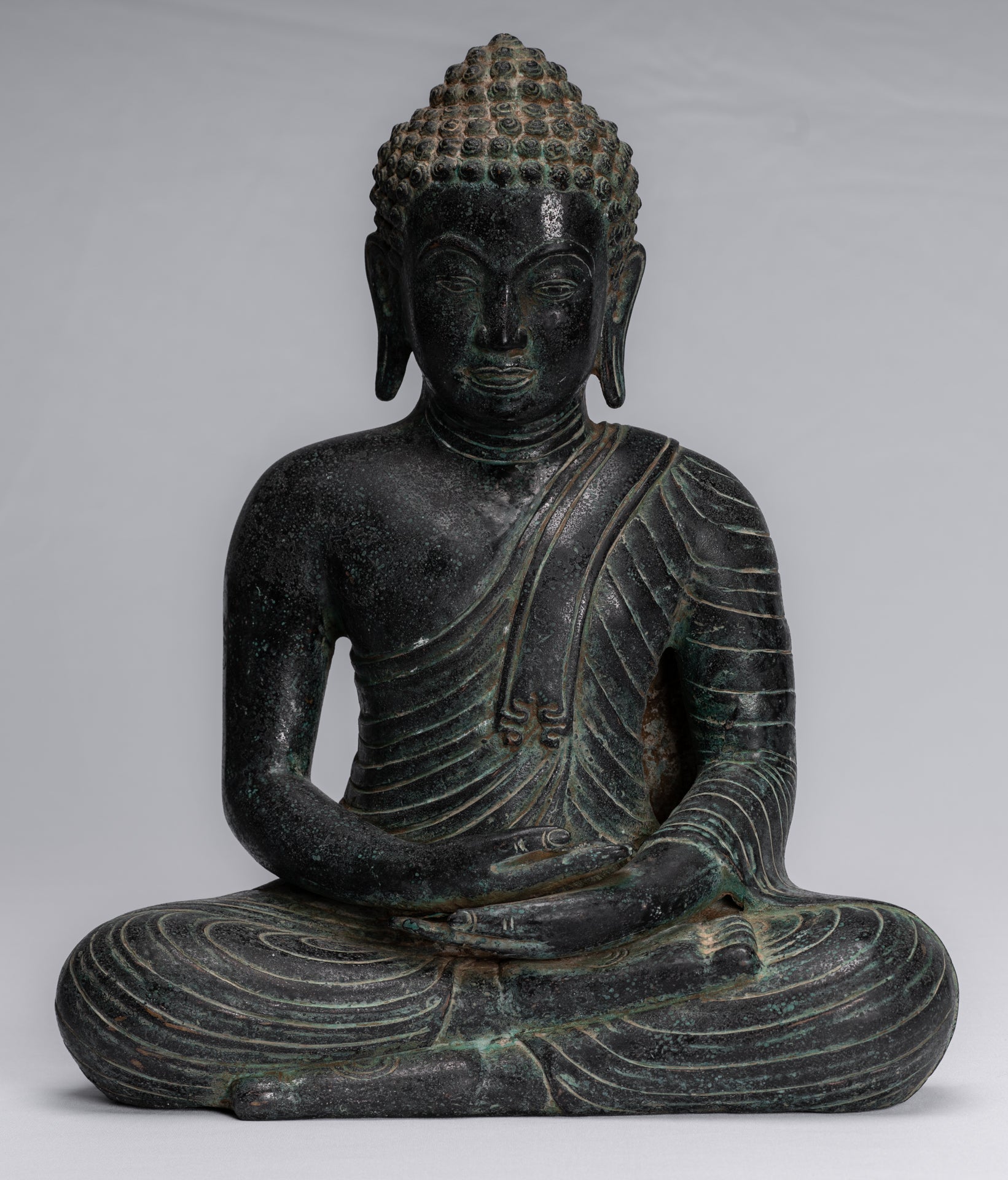Buddha Statue - Antique Thai Style Seated Bronze Dvaravati Meditation Buddha Statue - 34cm/14"