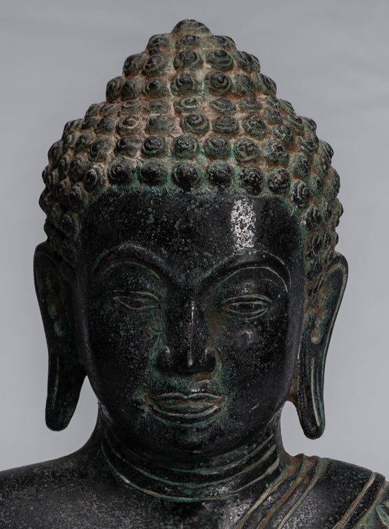 Buddha Statue - Antique Thai Style Seated Bronze Dvaravati Meditation Buddha Statue - 34cm/14"