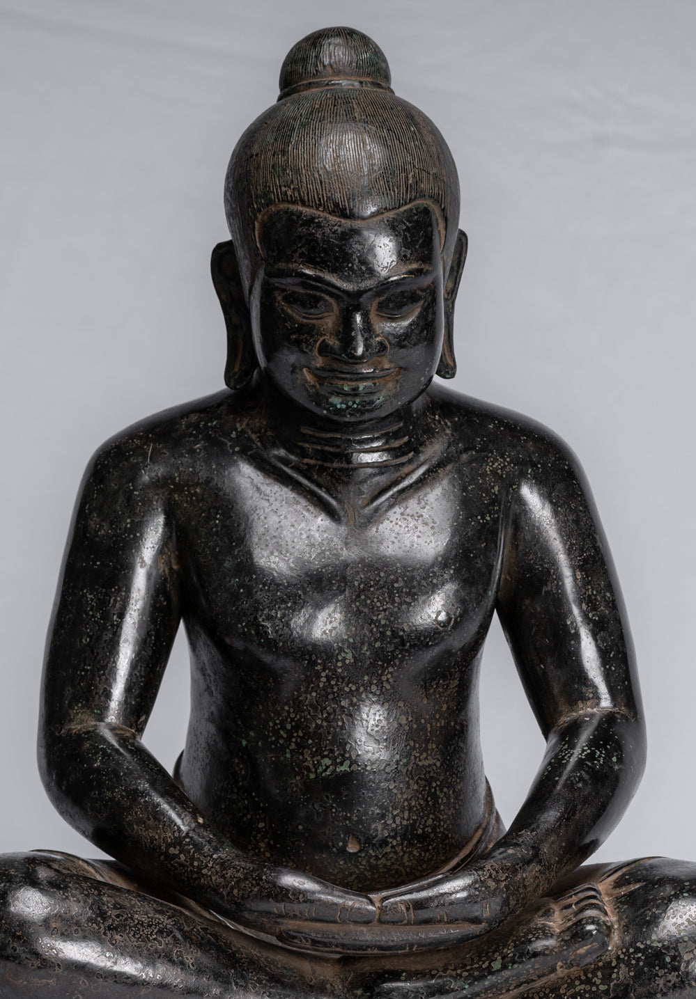 Antique Khmer Style Seated Bronze Meditation Jayavarman VII Statue - 42cm/17"