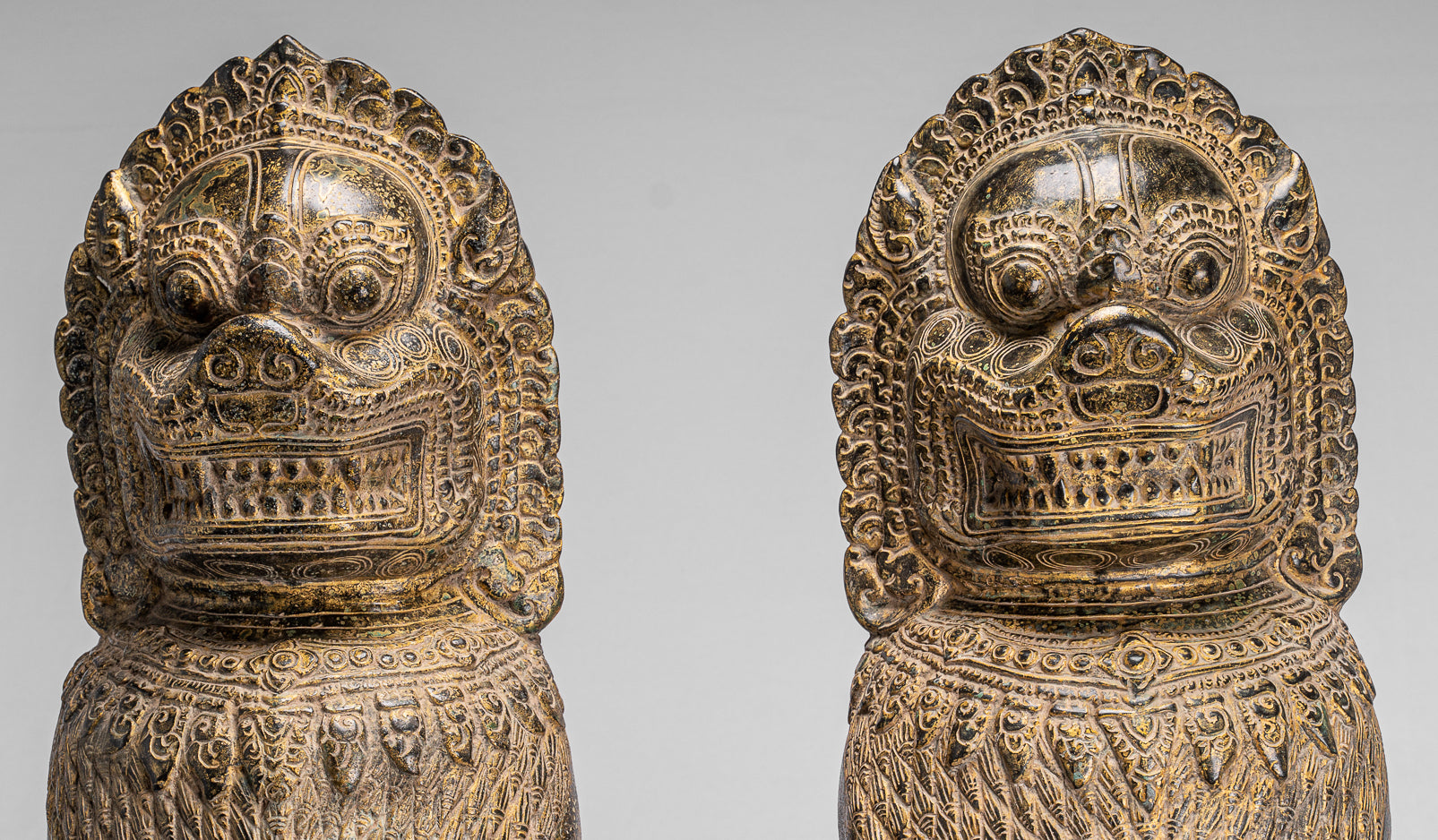 Antique Khmer Style Bronze Temple Guardians or Lions (Pair) - 72cm/29"