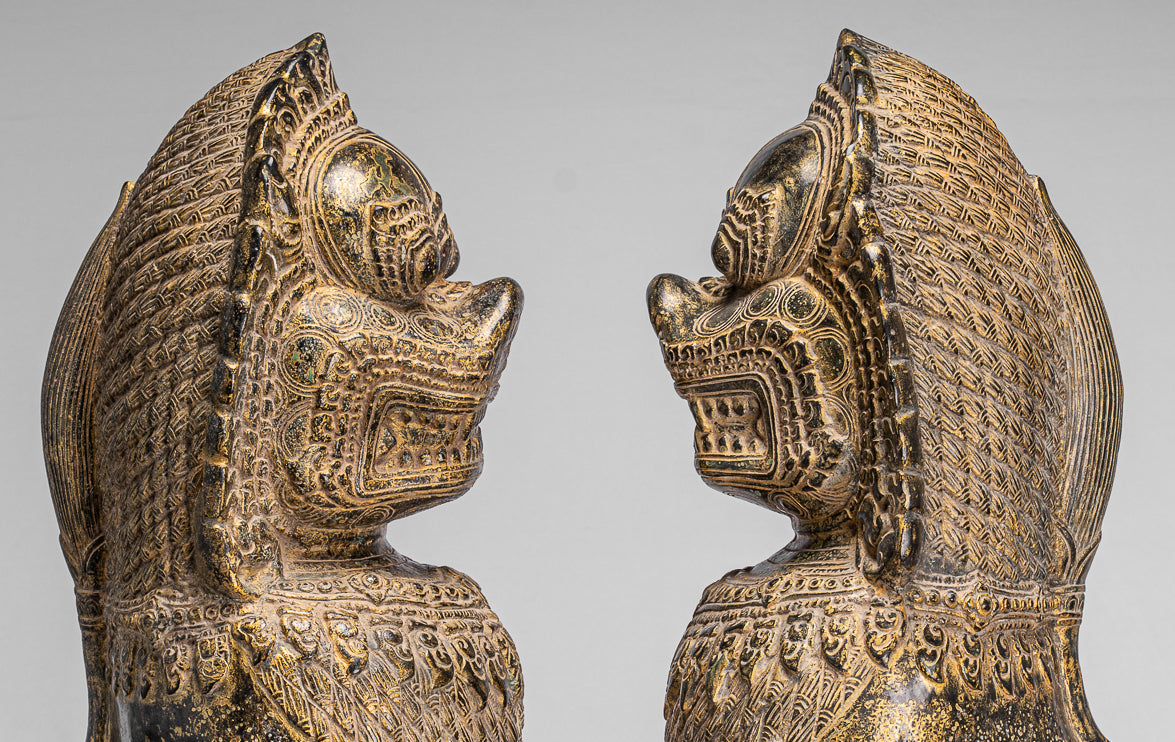 Antique Khmer Style Bronze Temple Guardians or Lions (Pair) - 72cm/29"