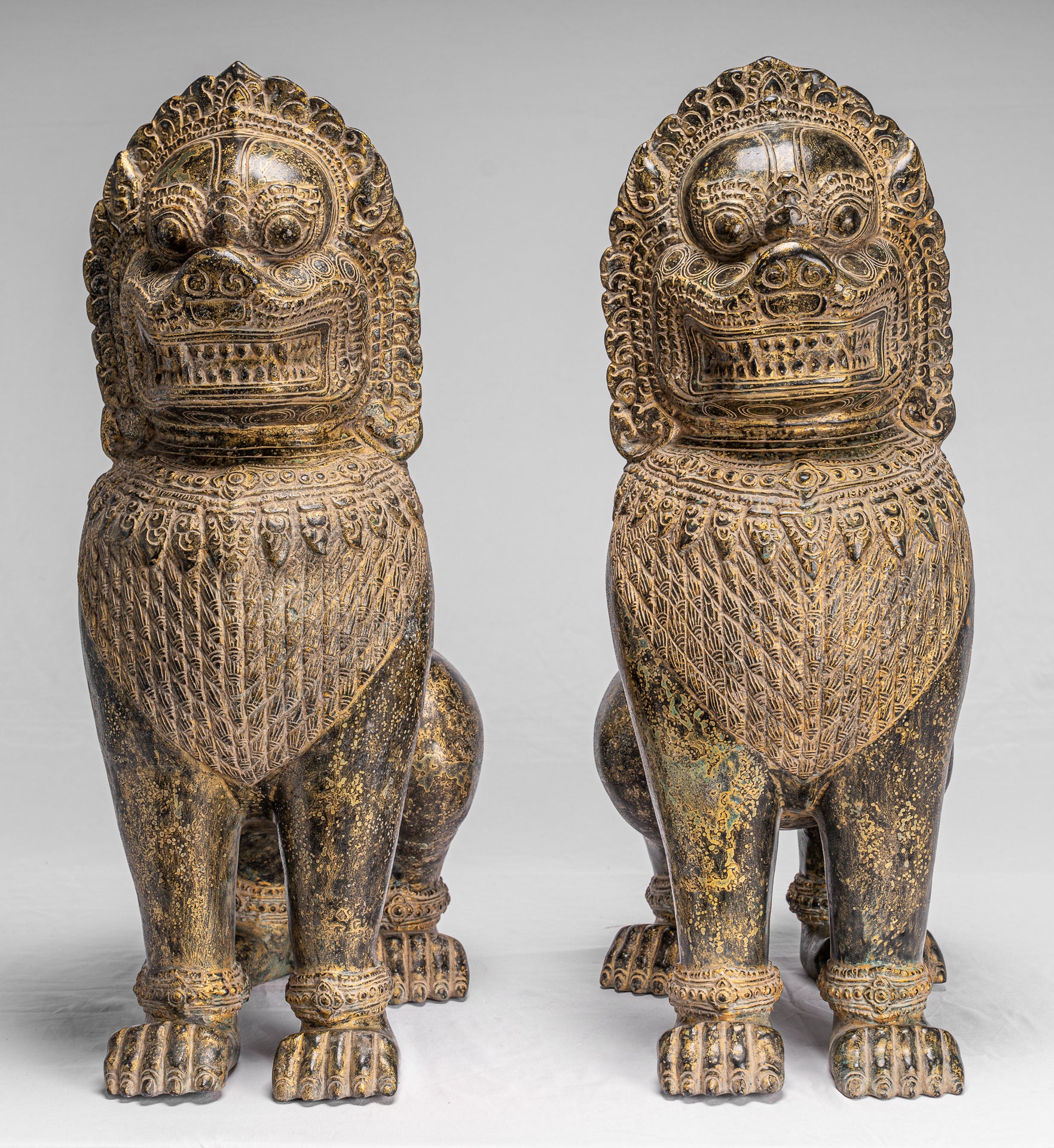 Antique Khmer Style Bronze Temple Guardians or Lions (Pair) - 72cm/29"