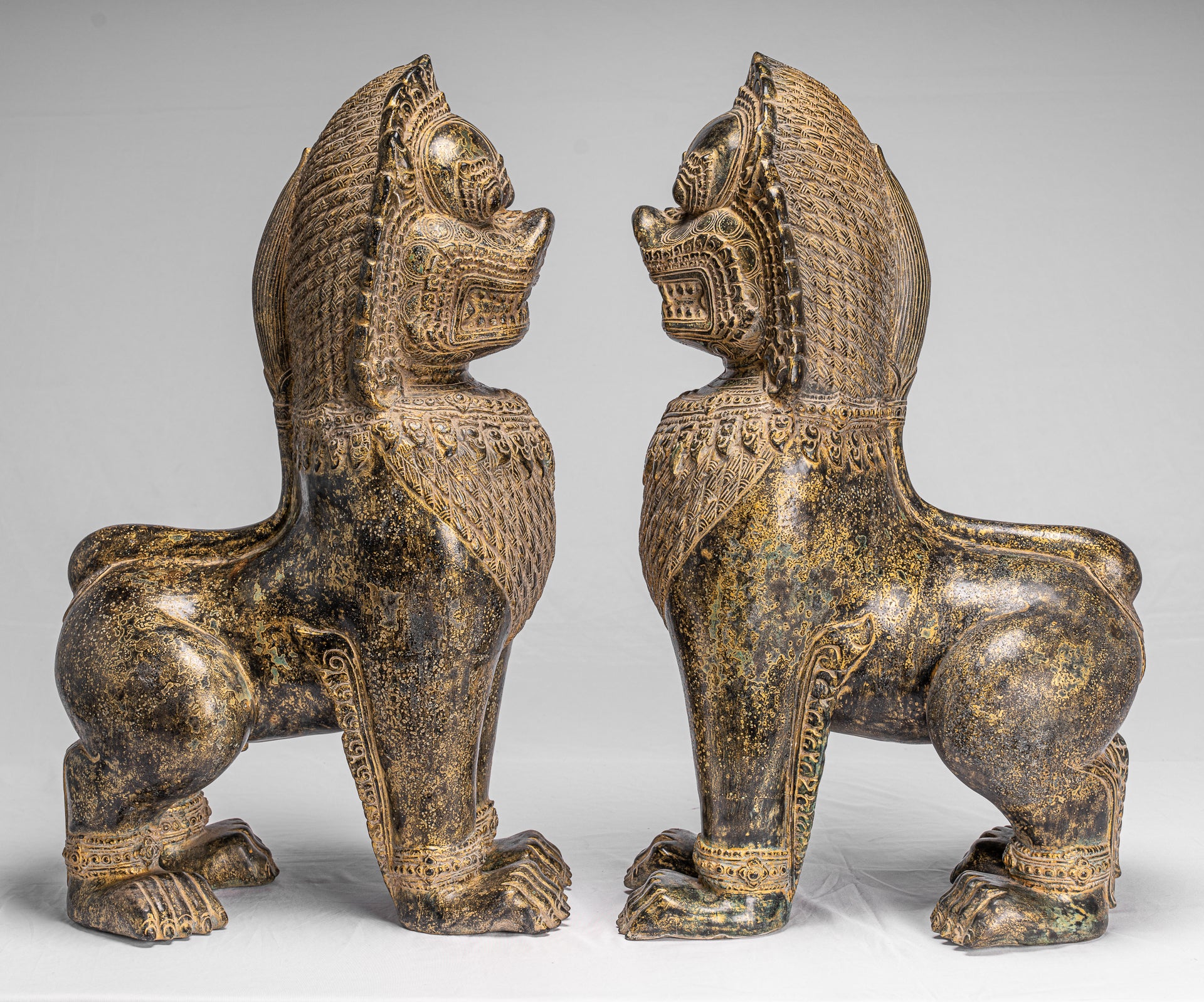 Antique Khmer Style Bronze Temple Guardians or Lions (Pair) - 72cm/29"