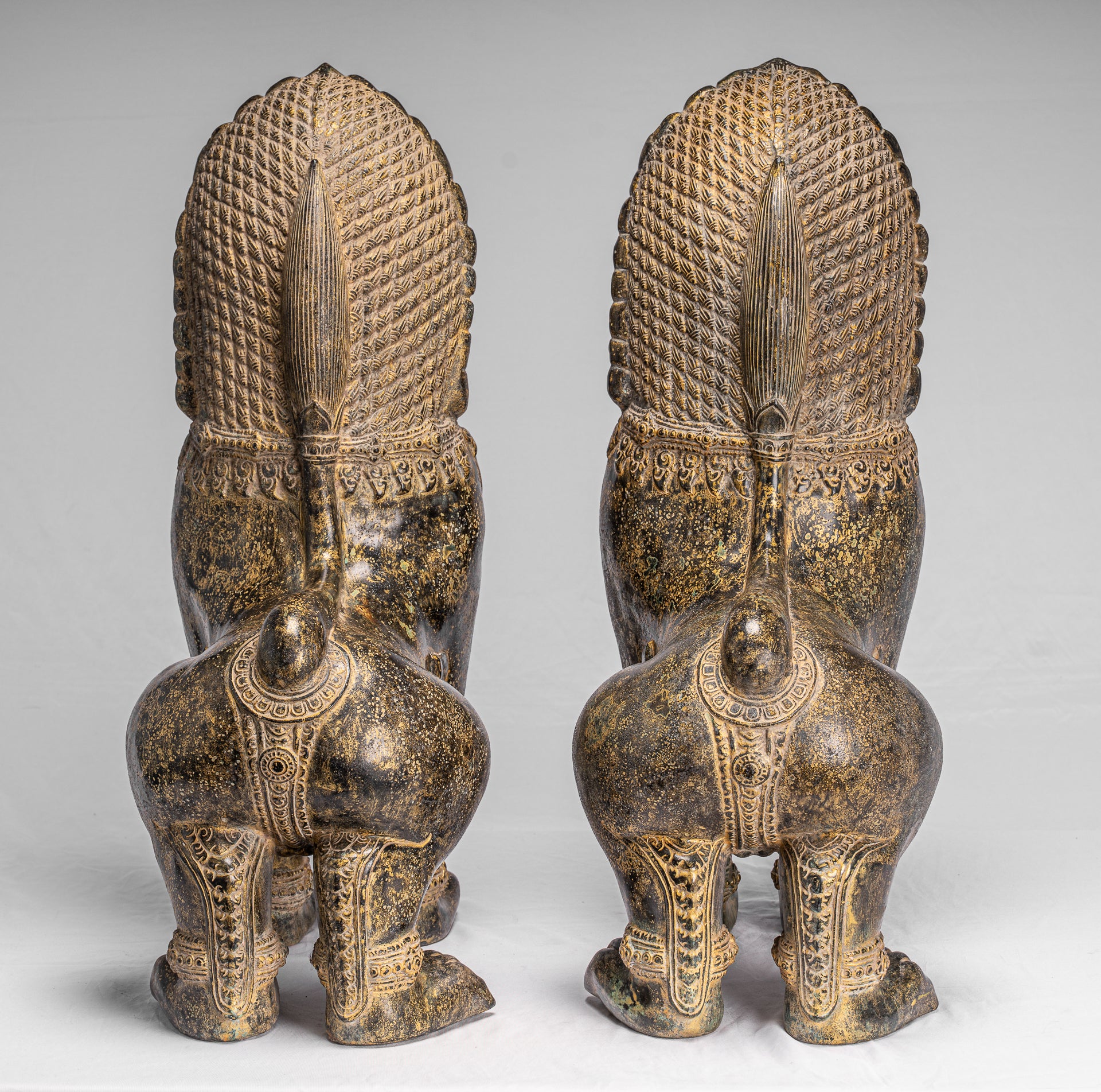 Antique Khmer Style Bronze Temple Guardians or Lions (Pair) - 72cm/29"