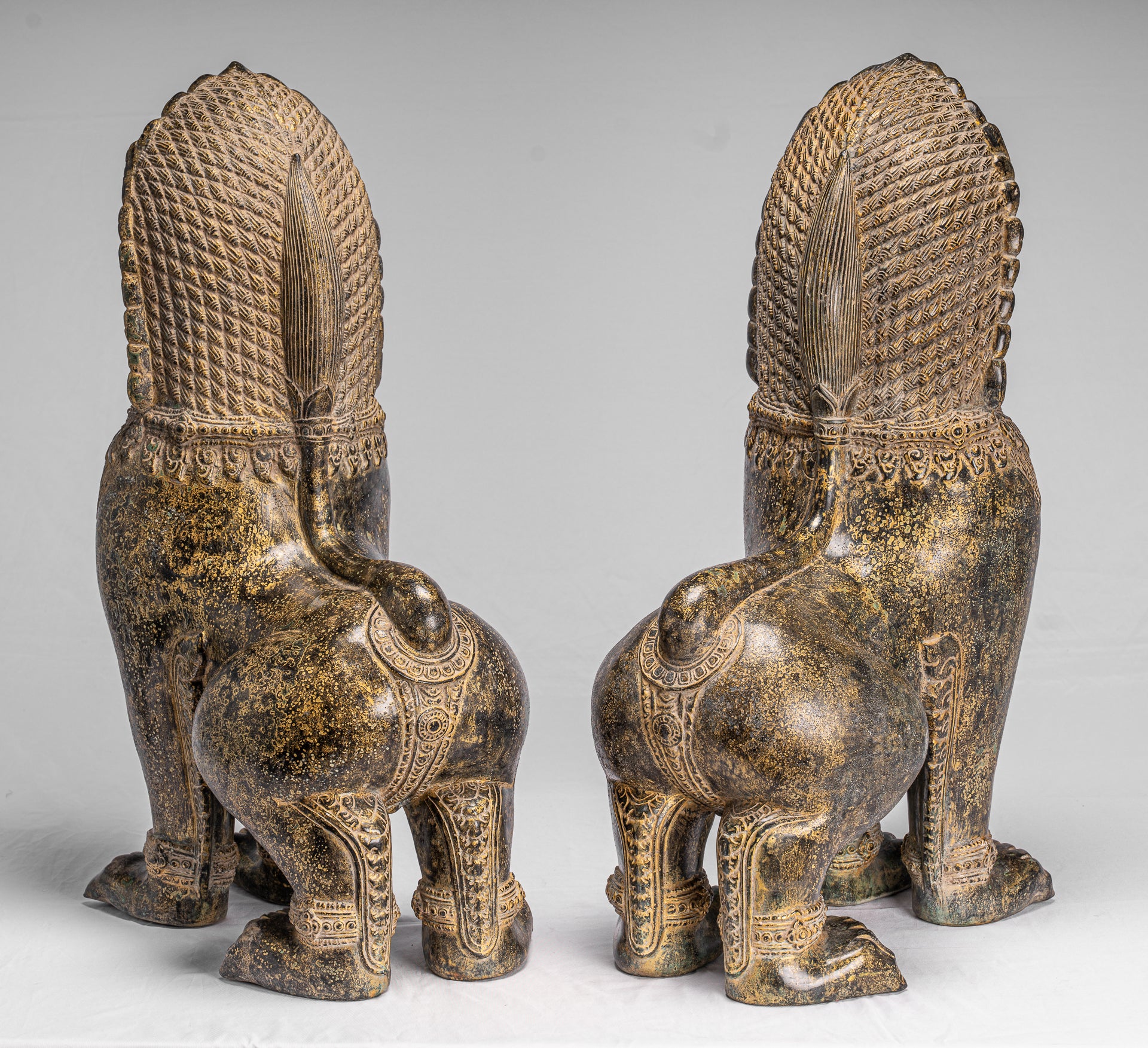 Antique Khmer Style Bronze Temple Guardians or Lions (Pair) - 72cm/29"