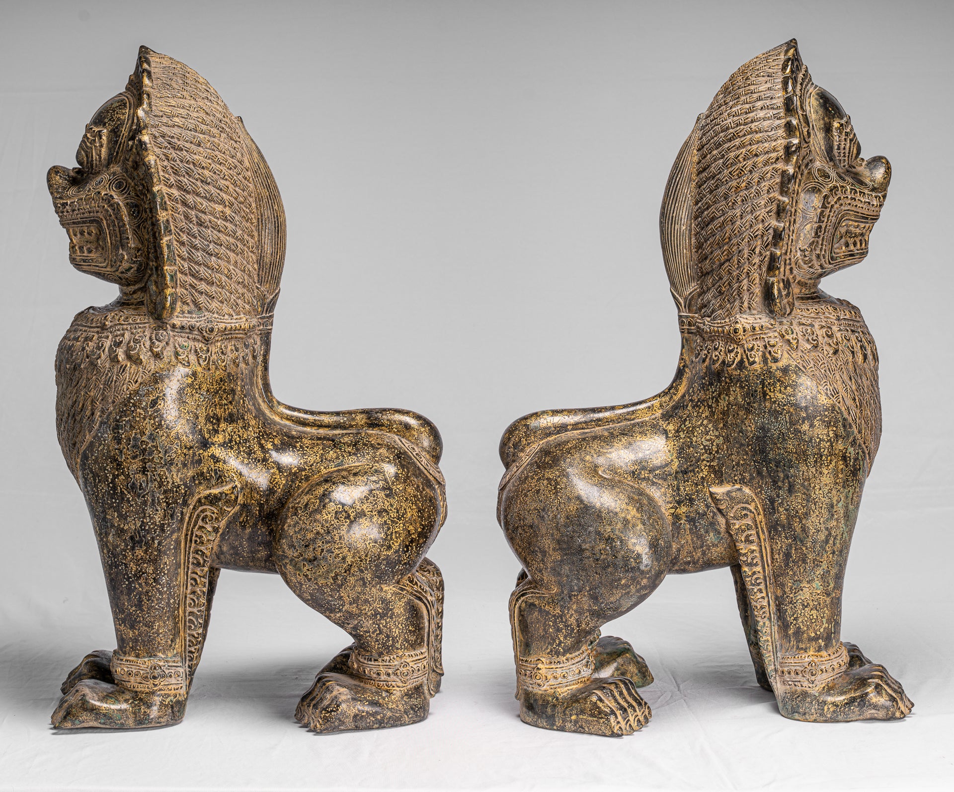 Antique Khmer Style Bronze Temple Guardians or Lions (Pair) - 72cm/29"