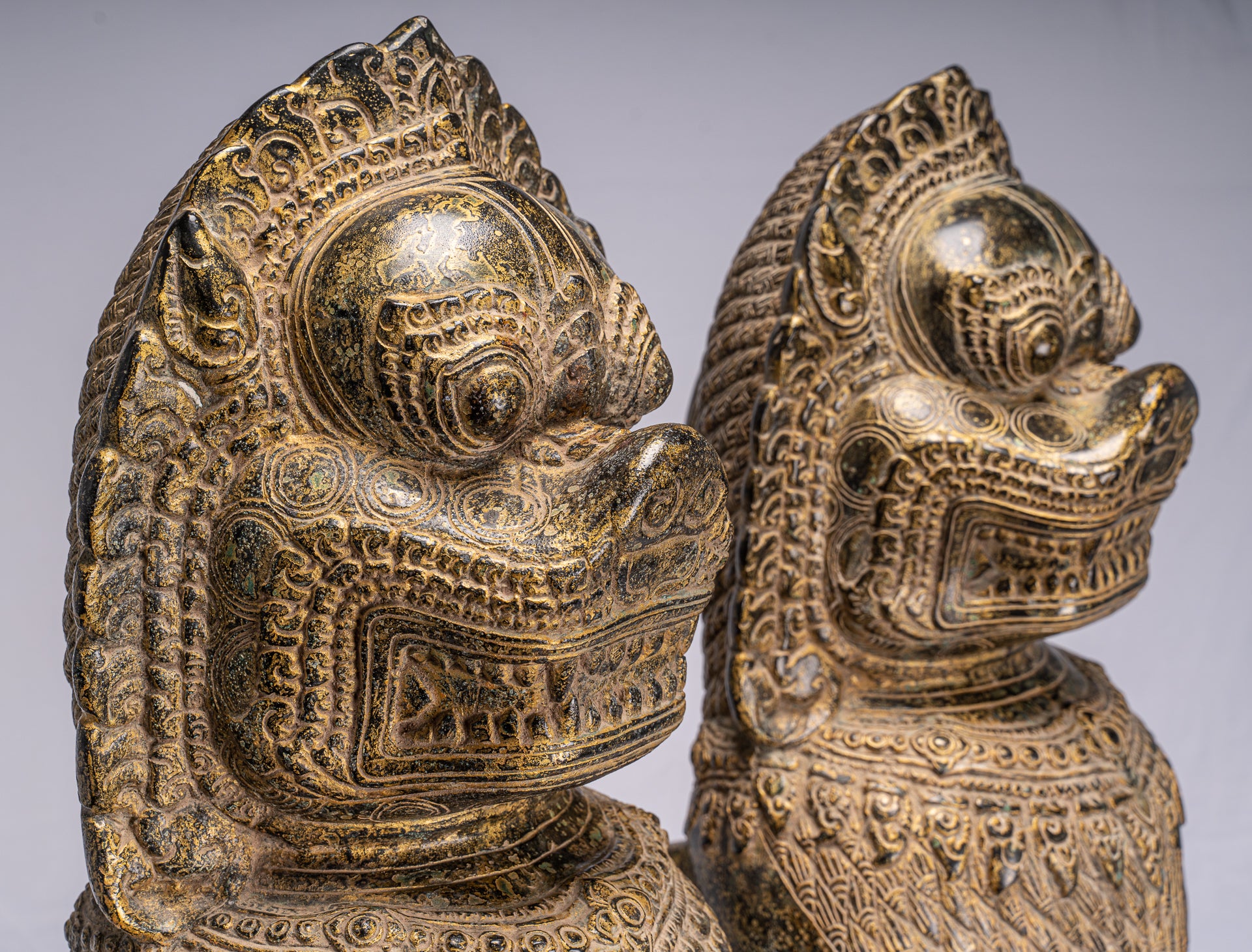 Antique Khmer Style Bronze Temple Guardians or Lions (Pair) - 72cm/29"
